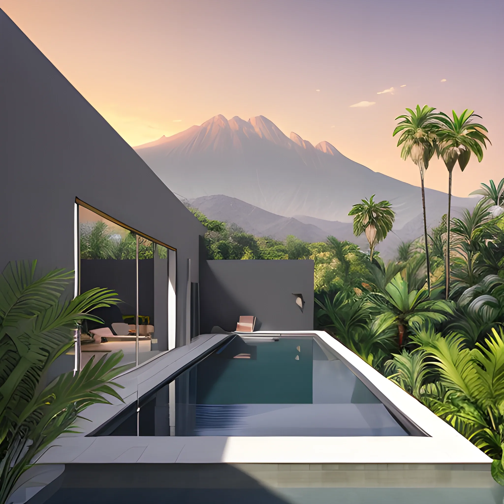 An infinity pool surrounded by dark grey wall on the right side with a wide rectangle window looking out into a mount Canigou landscape. one palm tree on the left side in a jungle garden on the left side. Golden hour with a pink hue. West Anderson style. Digital art. 
