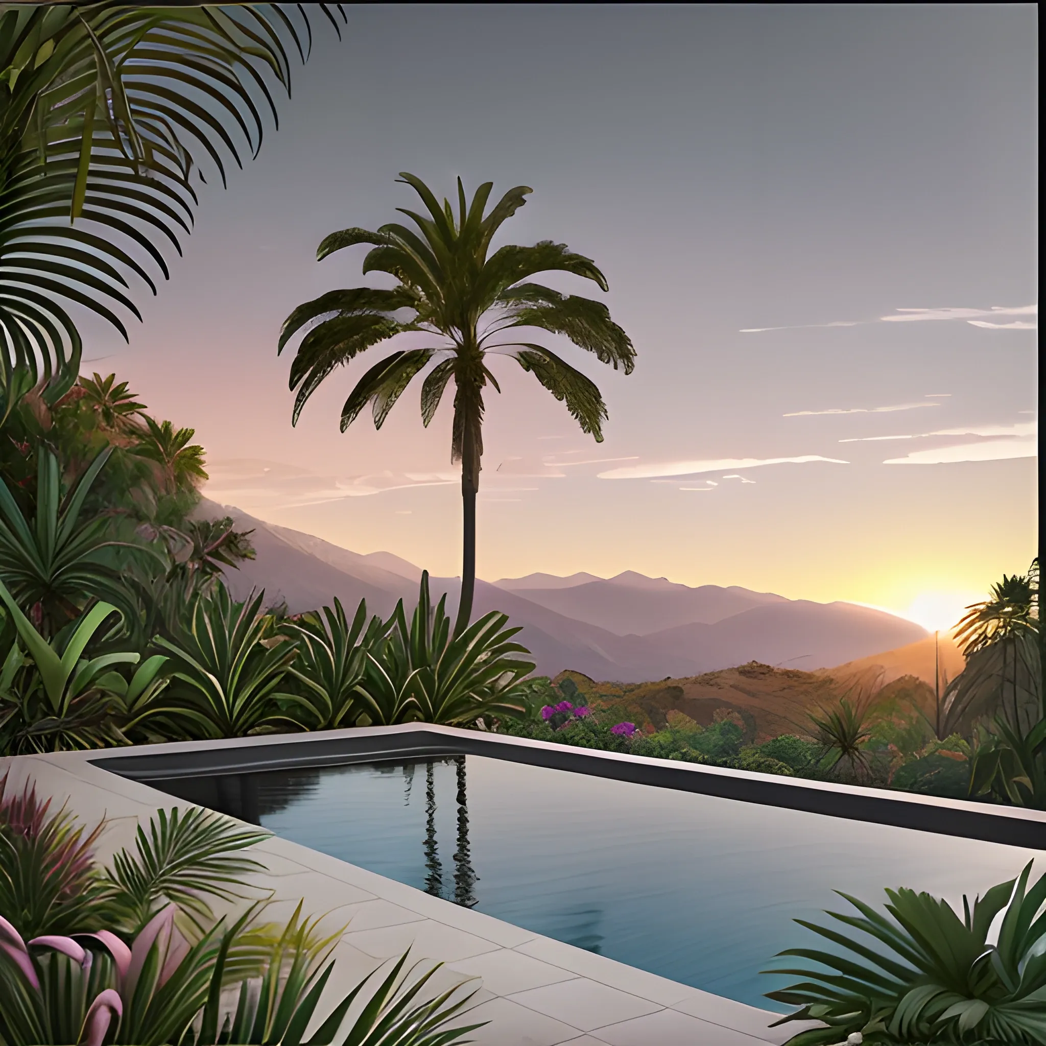 An infinity pool surrounded by dark grey wall on the right side with a wide rectangle window looking out into a mount Canigou landscape. one palm tree on the left side in a jungle garden. Golden hour with a pink hue. West Anderson style. Digital art.