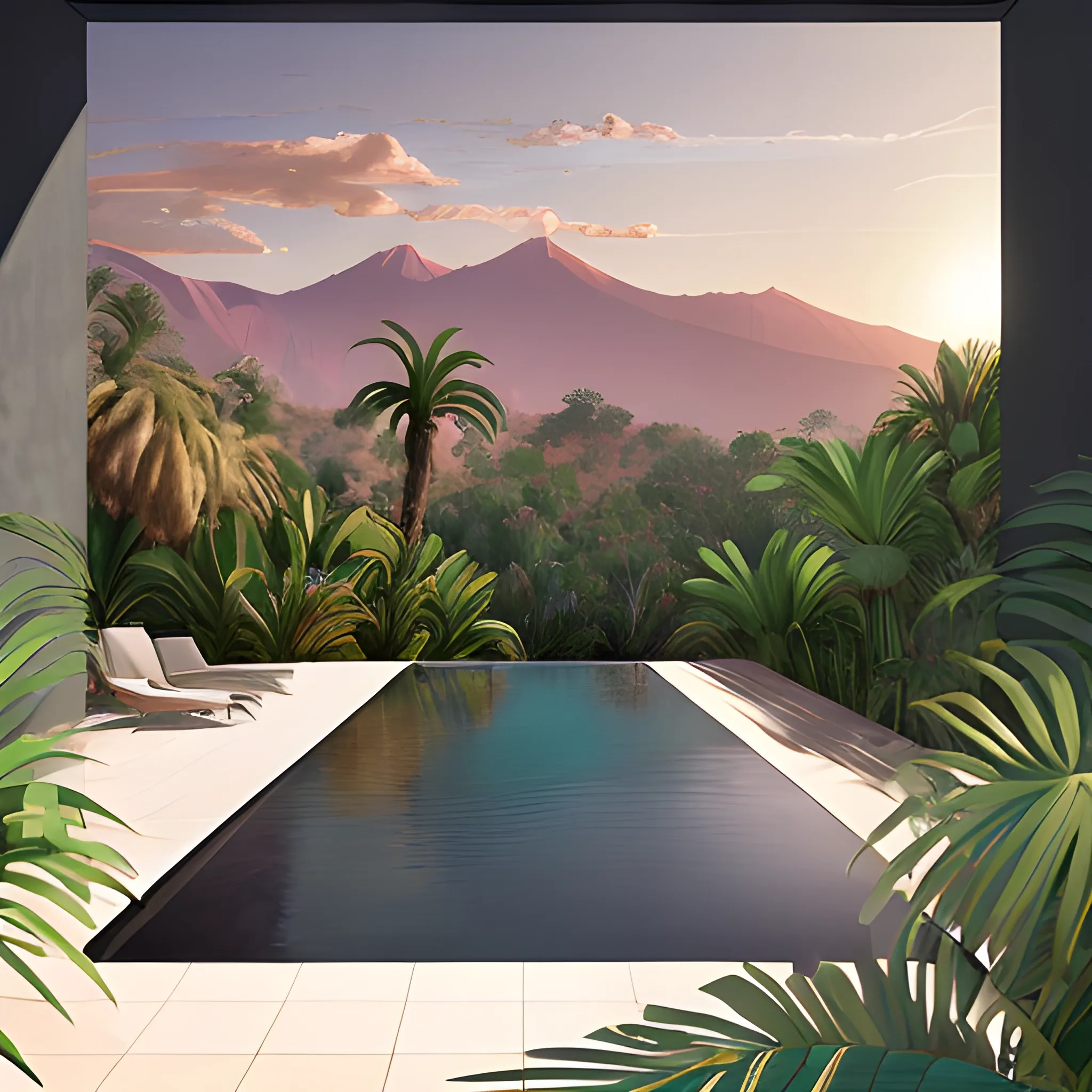 An infinity pool surrounded by dark grey wall on the right looking out into the mount Canigou landscape. One palm tree in a jungle garden on the left. Golden hour with a pink hue. West Anderson style. Digital art.