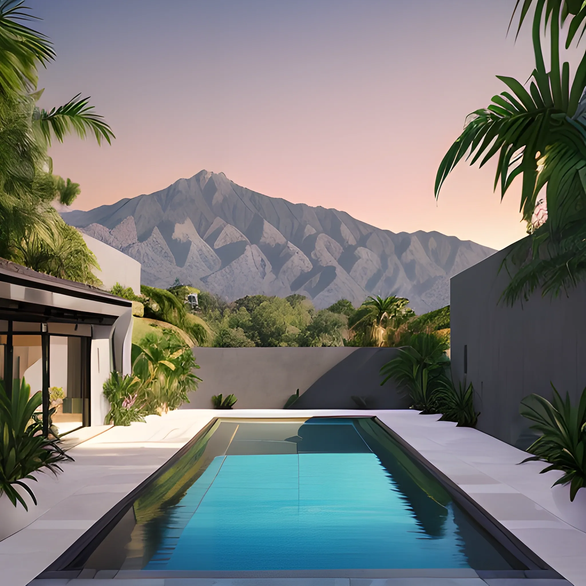 An infinity pool surrounded by dark grey wall on the right side looking out into the mount Canigou landscape from the pool. One palm tree in a jungle garden on the left. Golden hour with a pink hue. West Anderson style. Digital art.