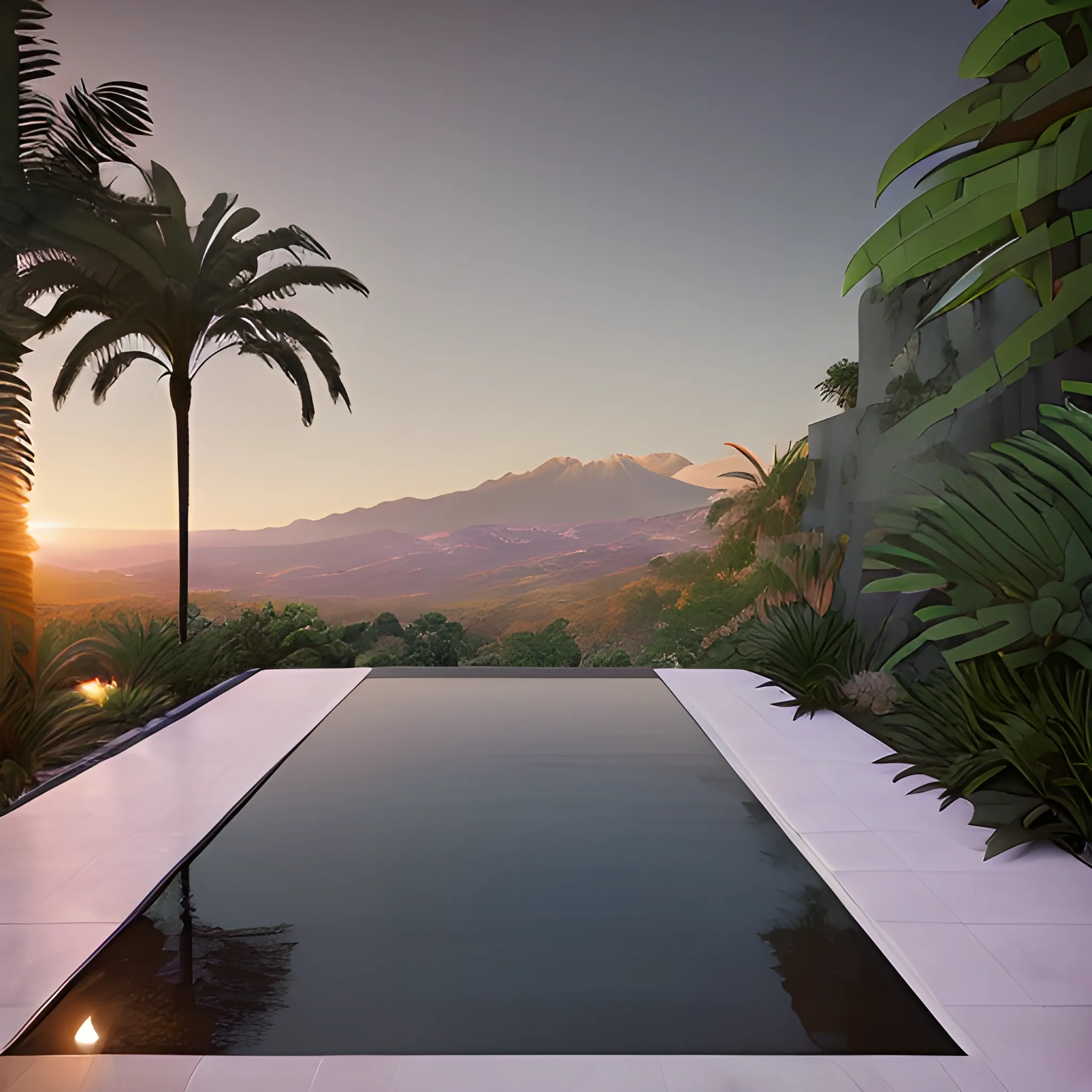 An infinity pool surrounded by dark grey wall on the right (not on the back side towards the landscape view) looking out into the mount Canigou landscape. One palm tree in a jungle garden on the left. Golden hour with a pink hue. West Anderson style. Digital art.