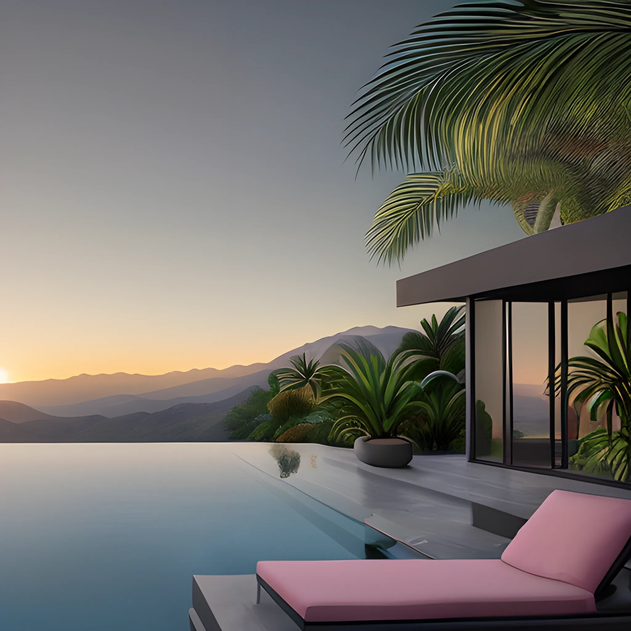 An infinity pool surrounded by dark grey wall on the left (not on the back side towards the landscape view) looking out into the mount Canigou landscape. One palm tree in a jungle garden on the right. Golden hour with a pink hue. West Anderson style. Digital art.