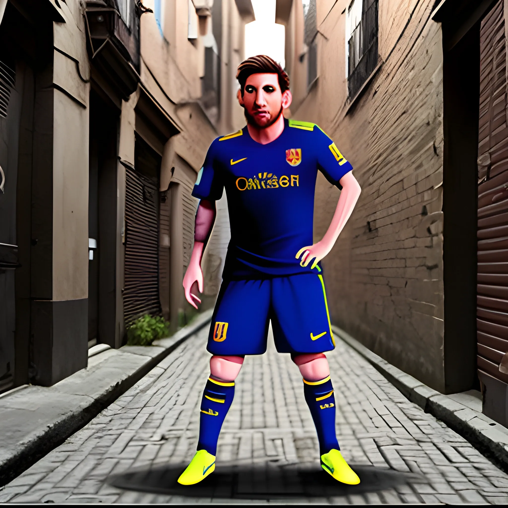 , 3D
Lionel Messi in an alleyway paying a referee to rig the world cup.