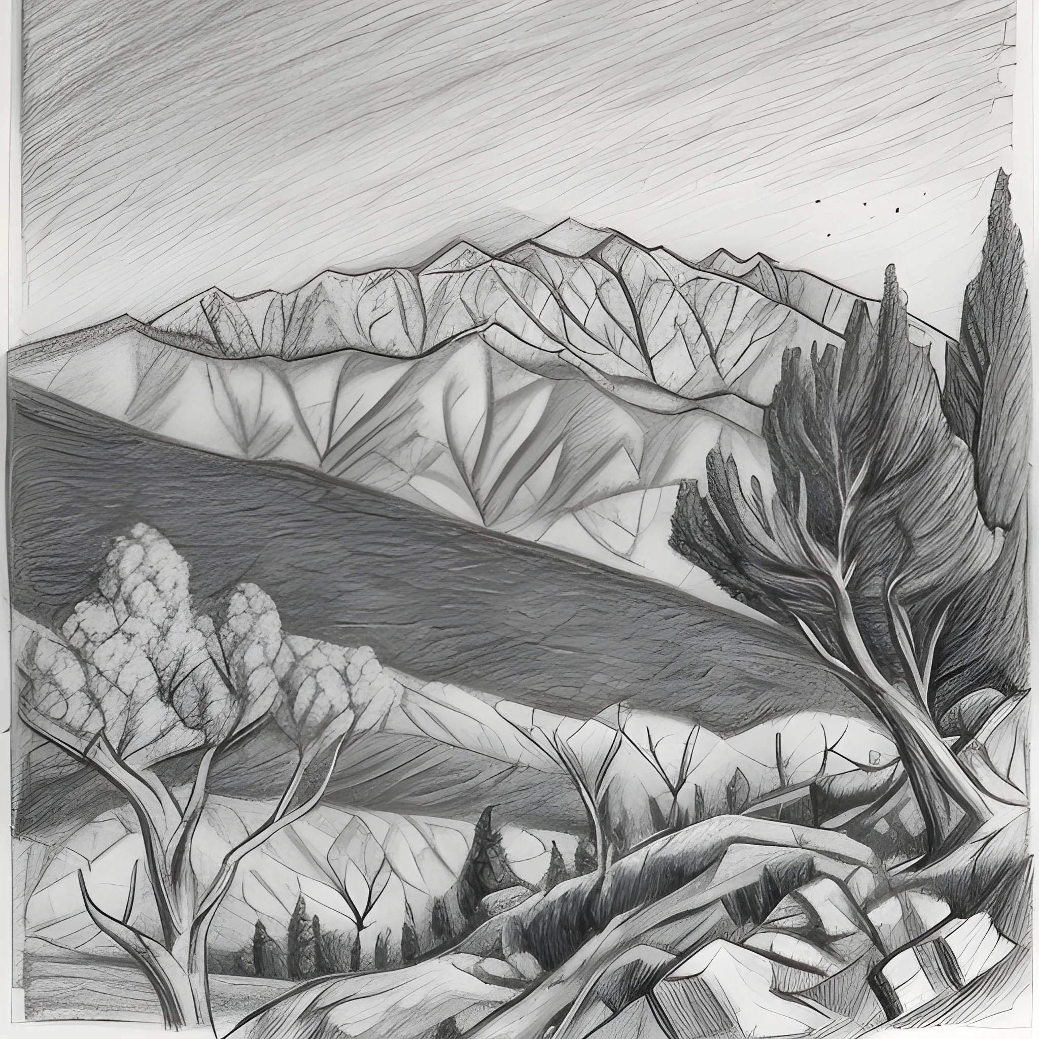 A pencil sketch with the top of the mount Canigou with some pigne trees in the foreground 