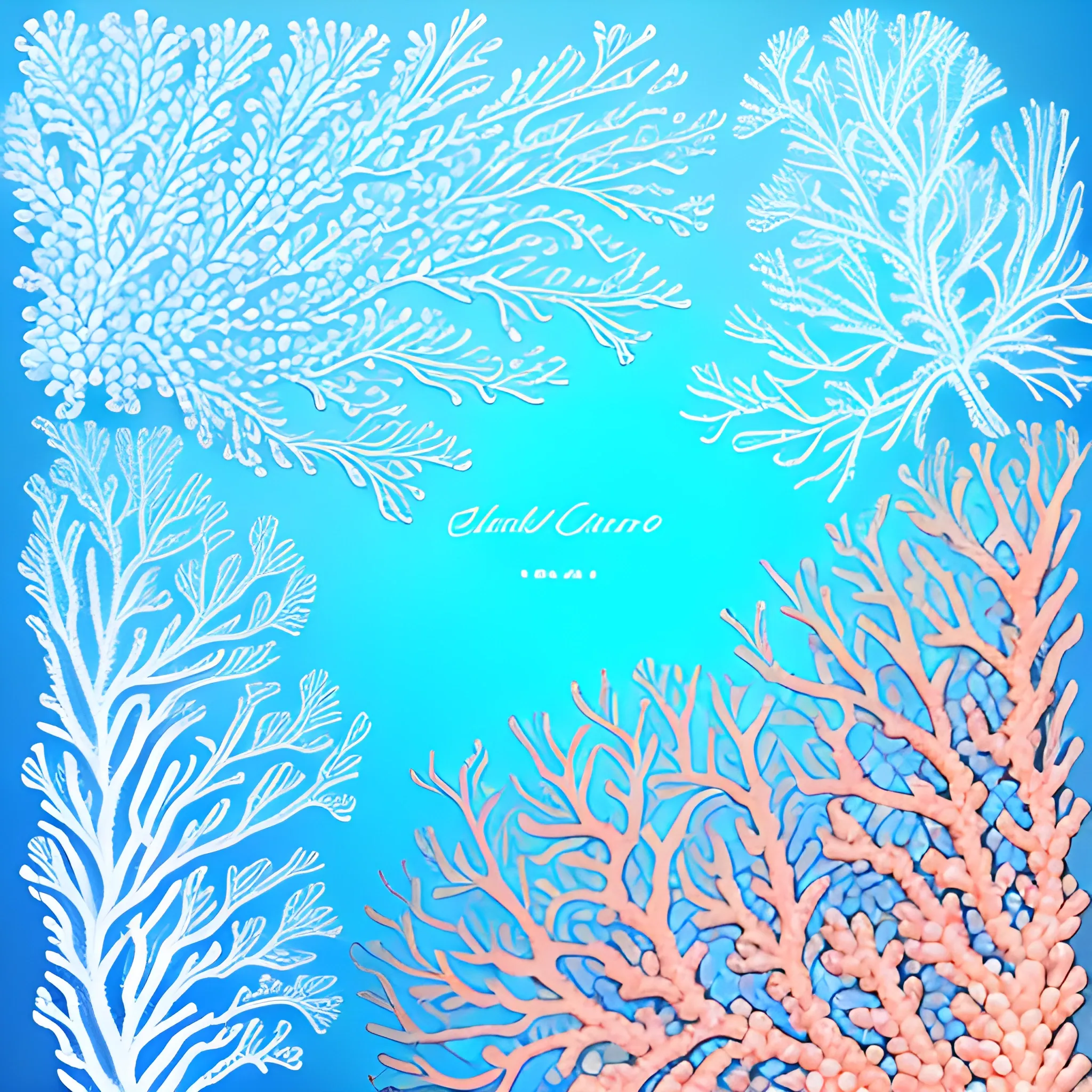 Coral line art, feminine, beautiful, blue, white, complex and vibrant light blue lines