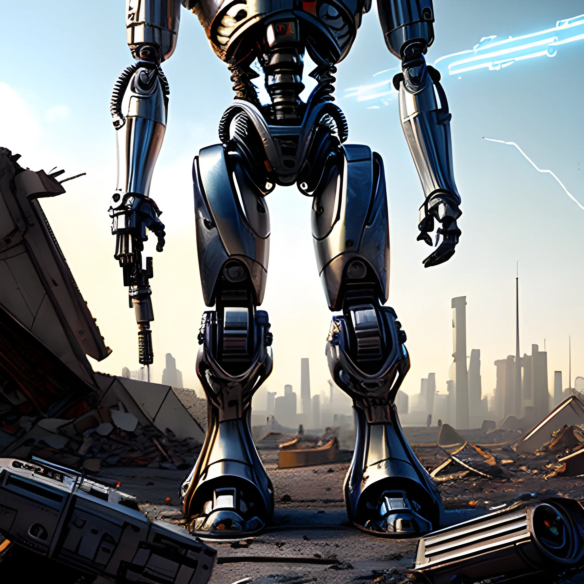 Terminator robot, sci-fi detail, holding gun, in ruins of city