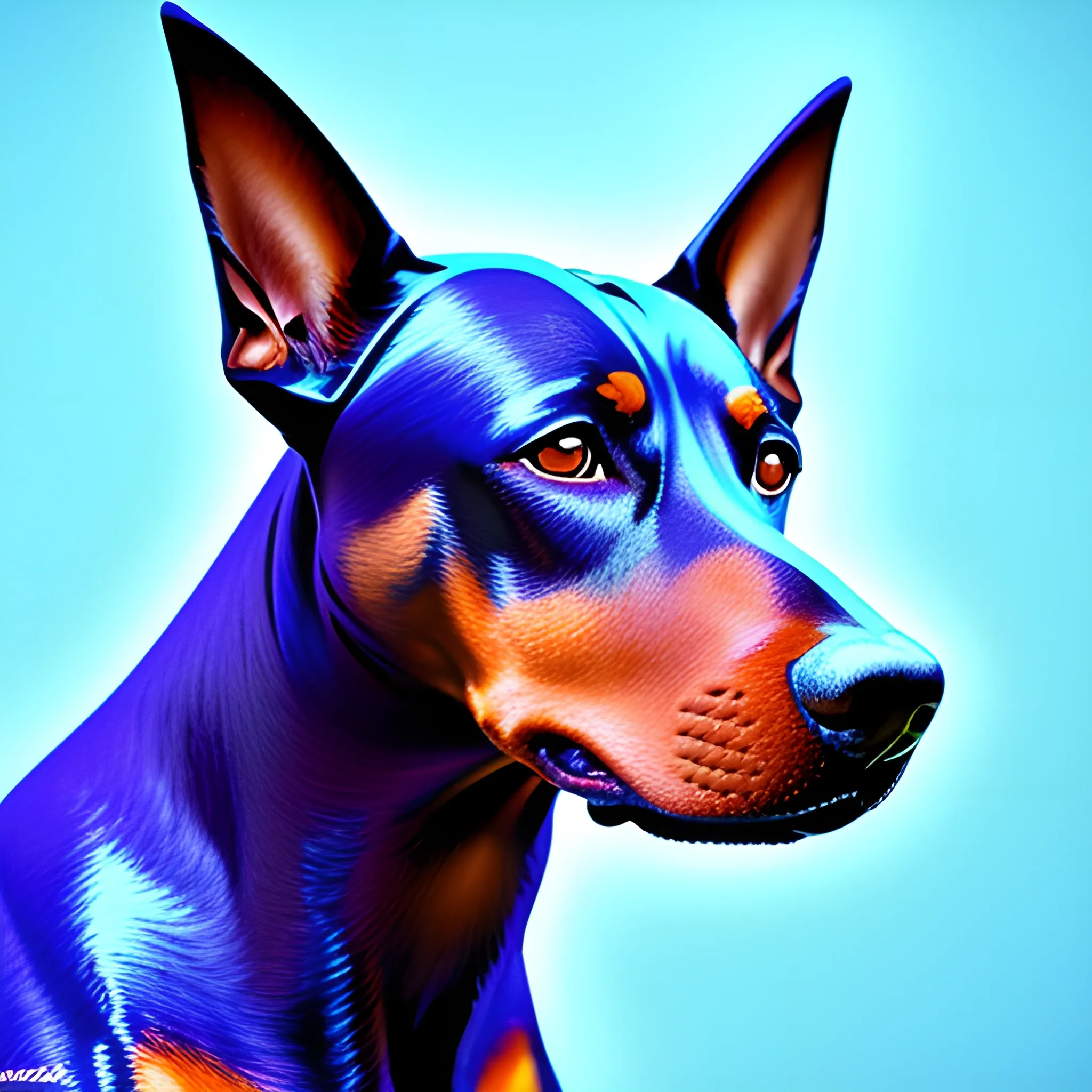 um belo retrato de um lindo cachorro doberman , esquema de cores azul vermelho, iluminação de alta intensidade, luz volumétrica, arte digital, altamente detalhado, detalhes finos, intrincado, ornamentado, complexo, renderização de octanas, motor irreal, fotorrealista
, 3D