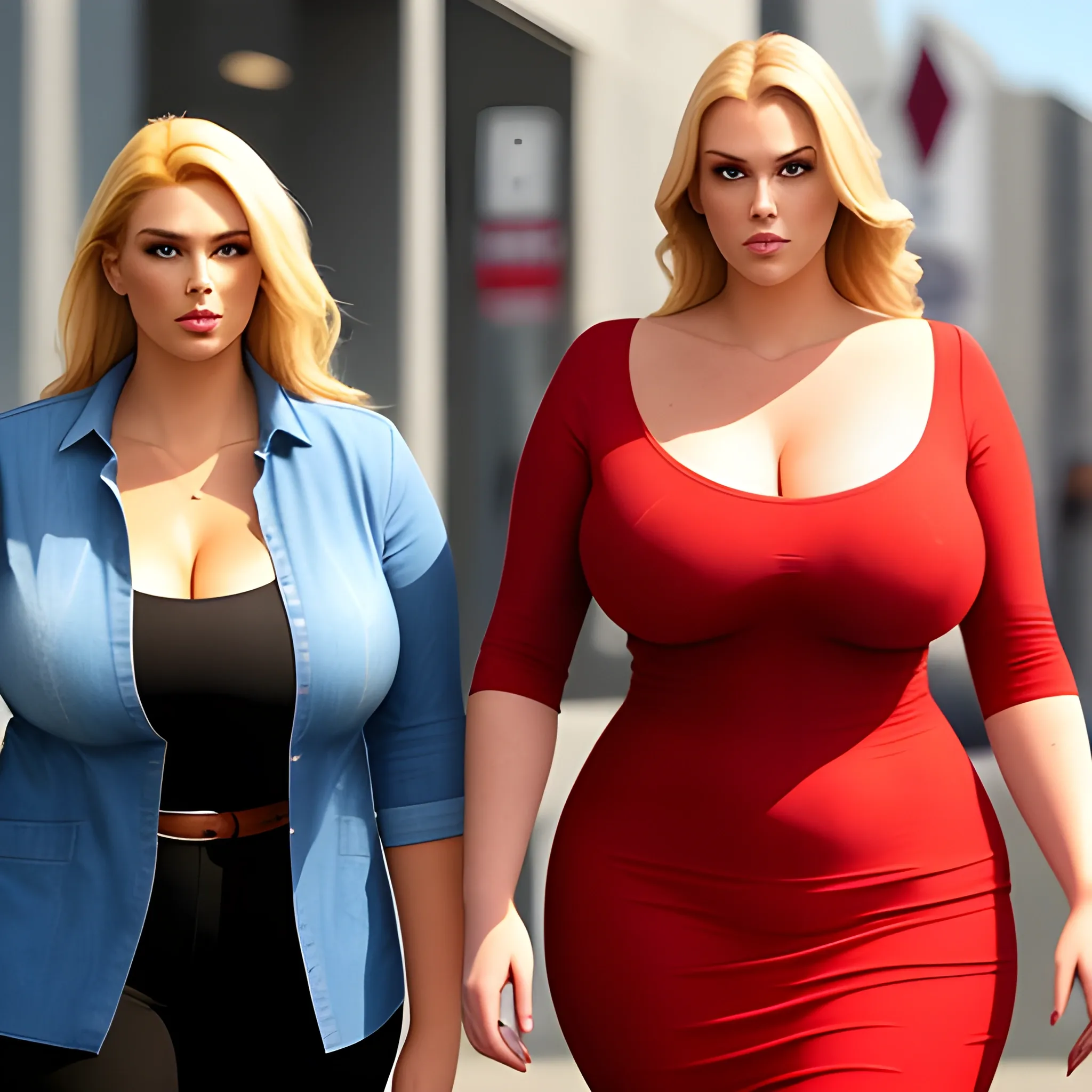 one large and tall friendly blonde plus size girl with small head and broad shoulders walking towards us