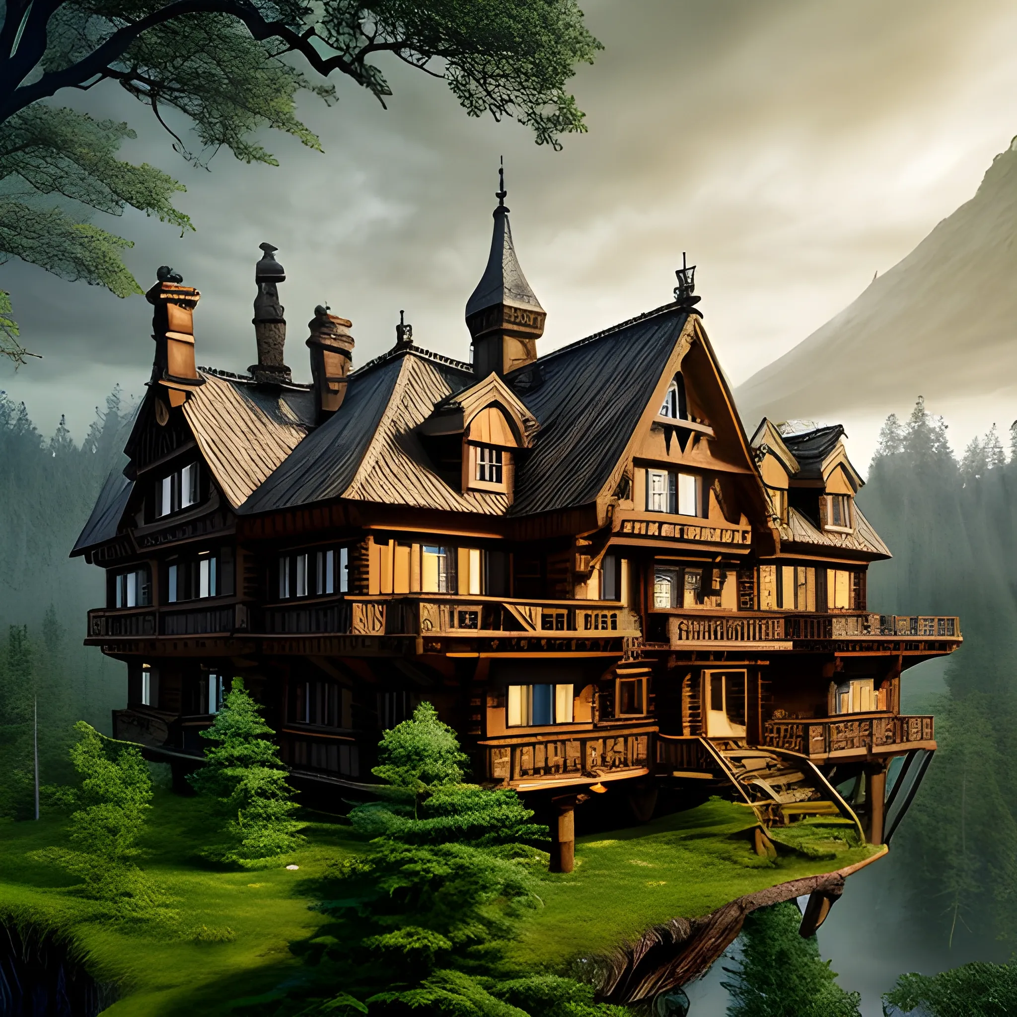 viking style wooden mansion,big mansion, tree top, high definition, fantasy, building, forest