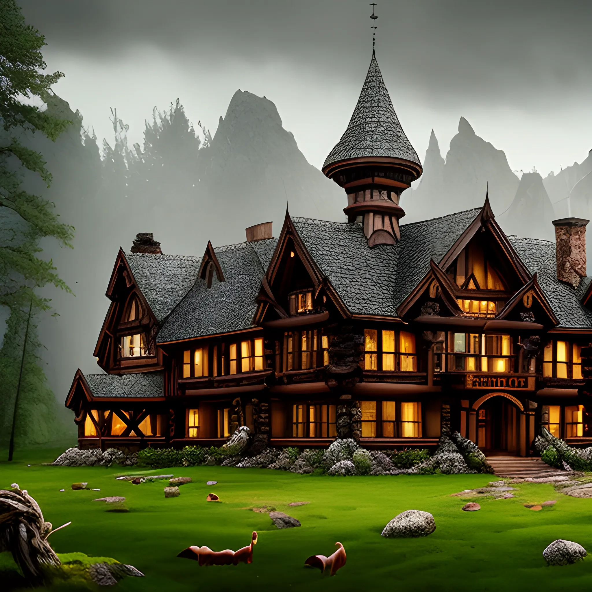 viking style wooden mansion,big mansion, high definition, fantasy, building, forest