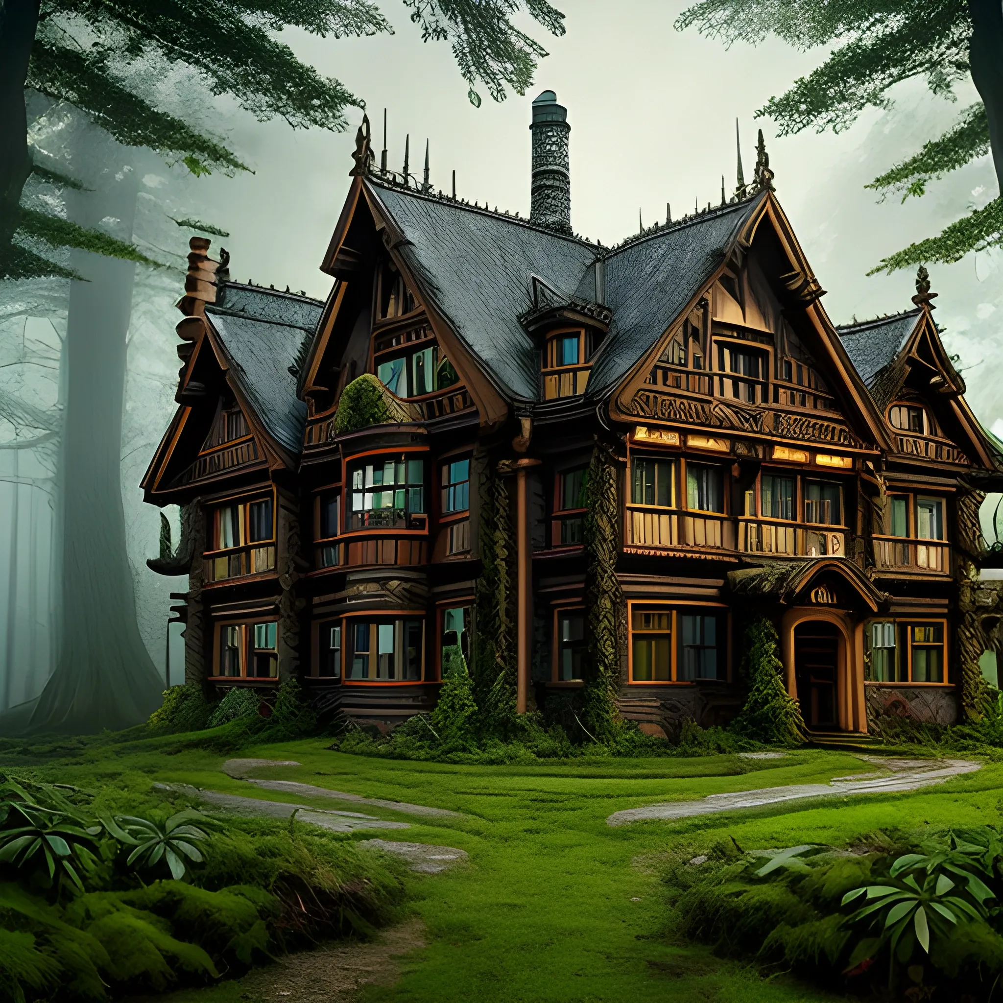 viking style wooden mansion,big mansion, high definition, fantasy, building, forest, overgrown by plants