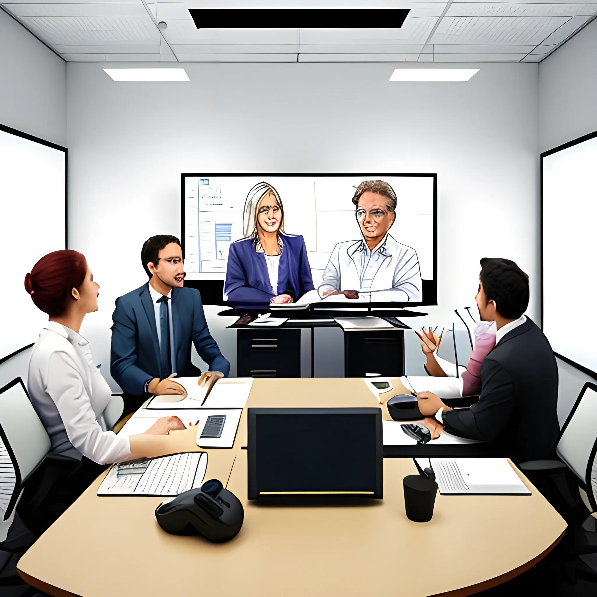 A meeting of 5 people (3 women and two men) in an office, illuminated. Each person has a computer, pencils and calculator. On the wall there is a television on with a video conference session with 3 people. Water Color