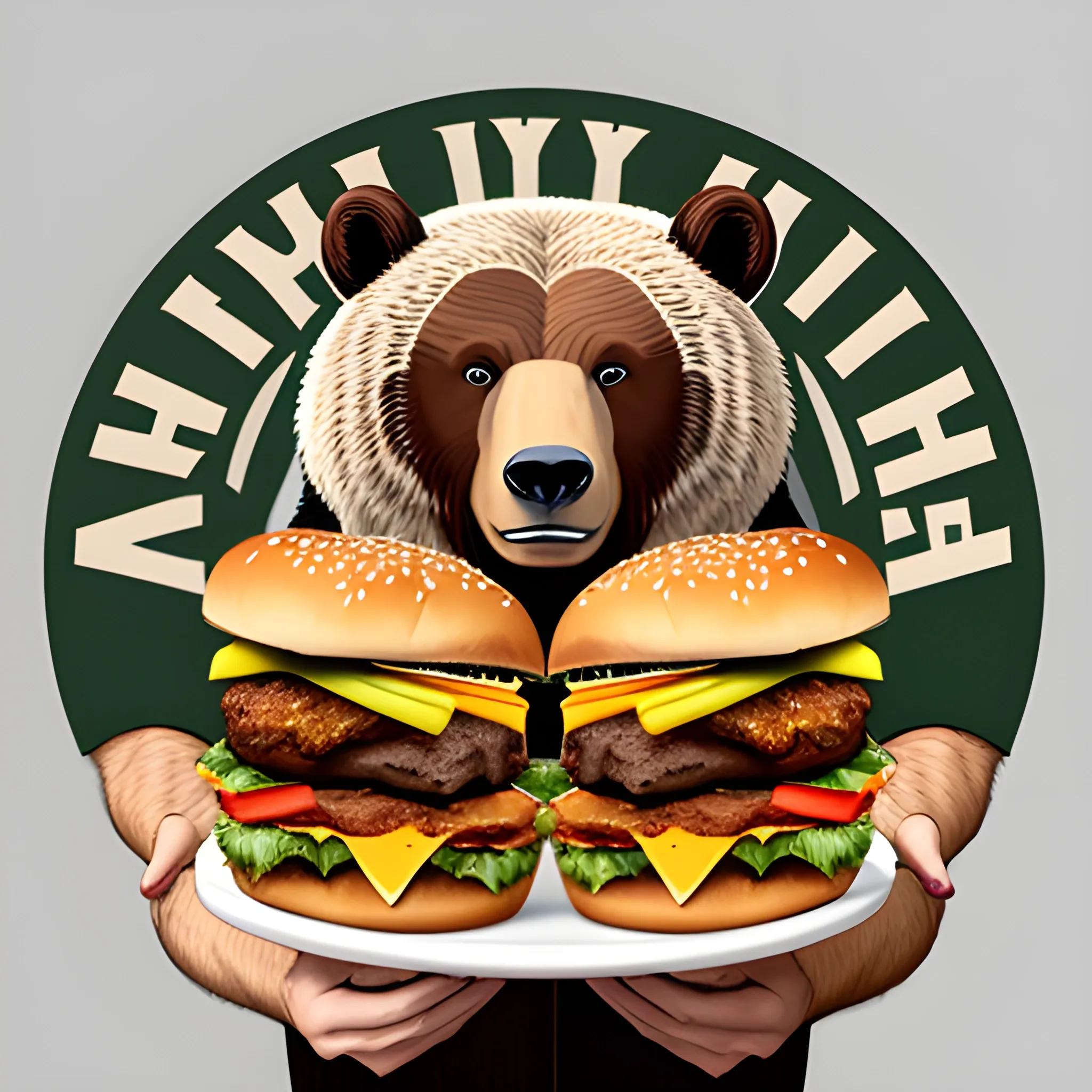 grizzly bear baby holding a burger logo style