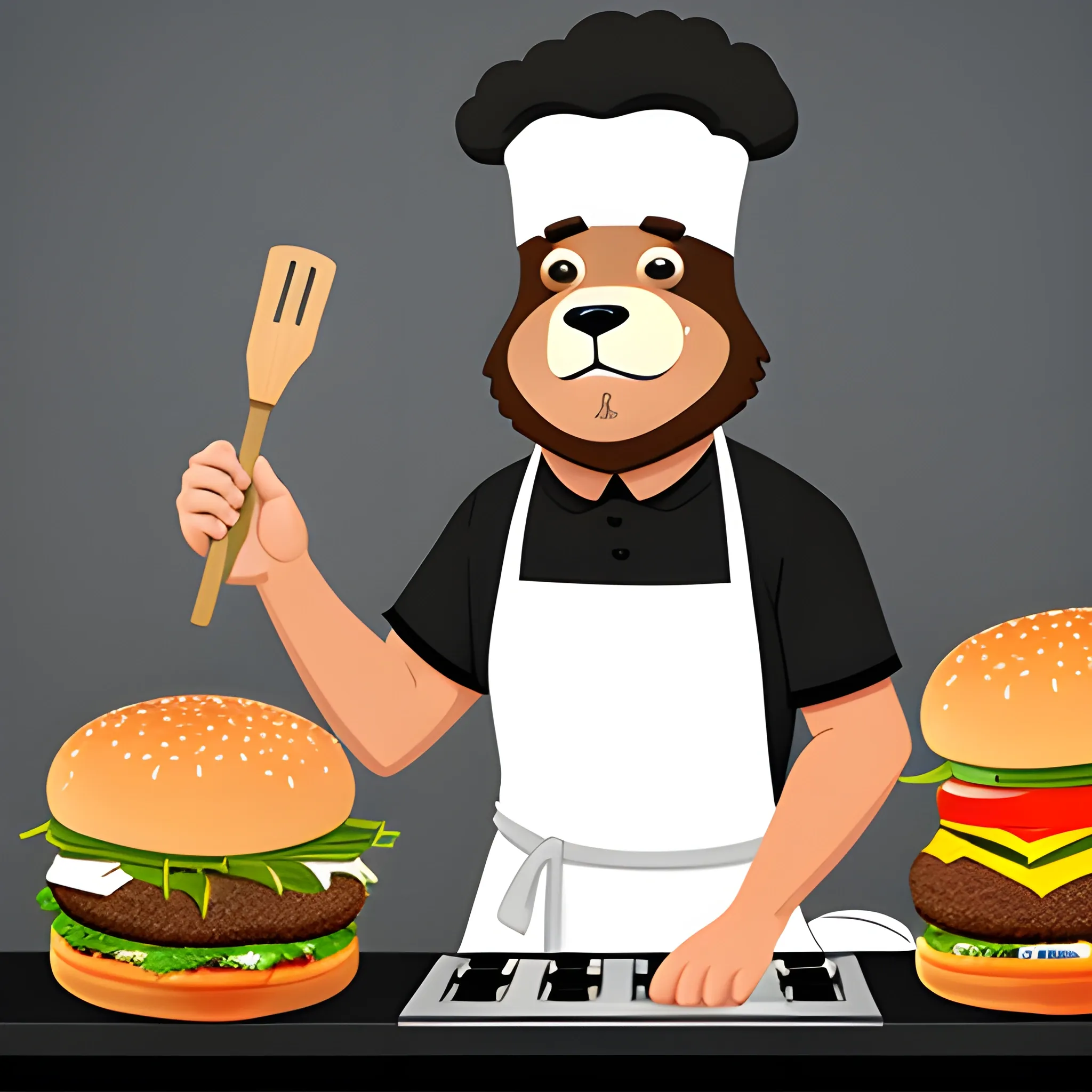 bear with chef hat and apron cooking a burger, Cartoon