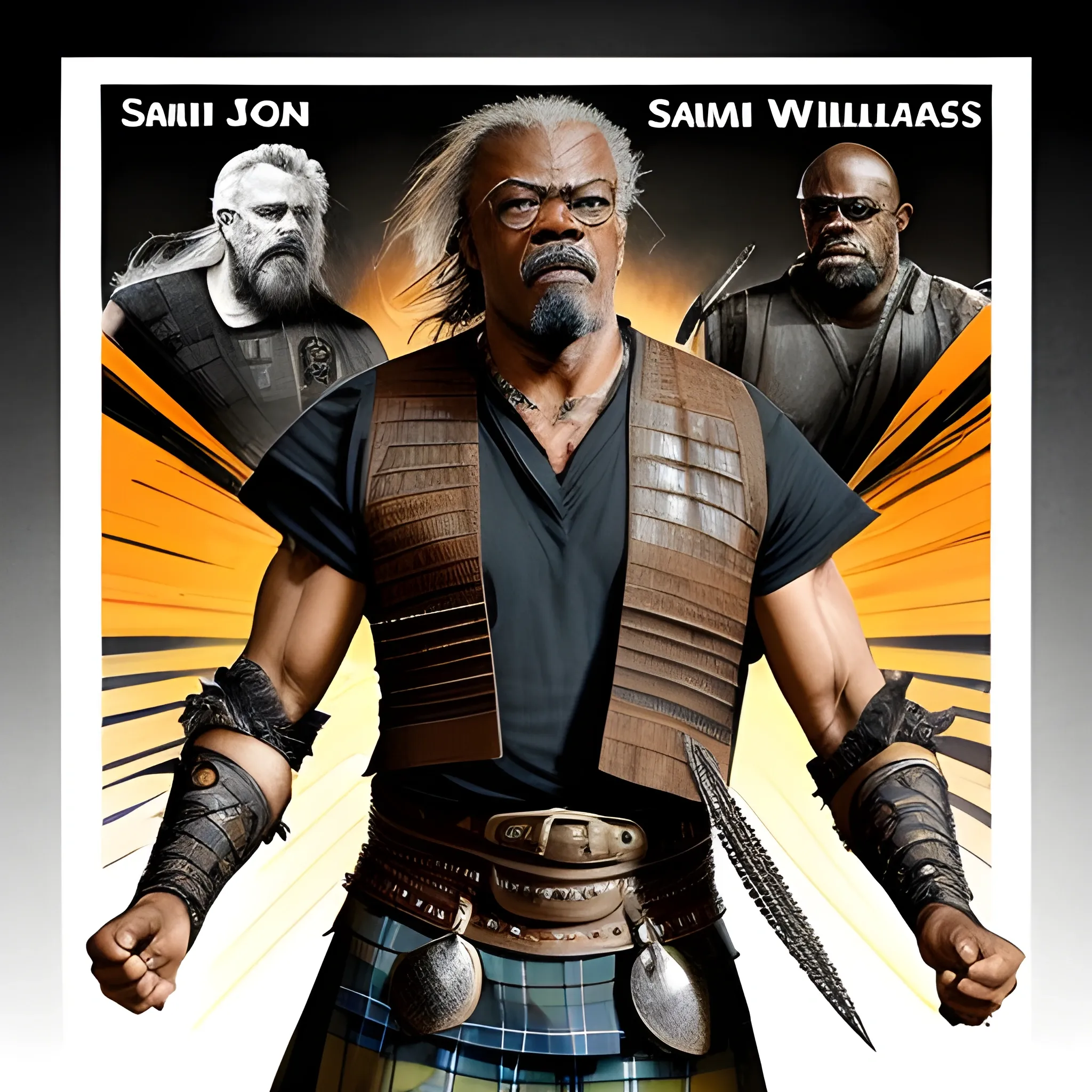 Imagine a unique fusion of two iconic Wallaces in a single striking image. Picture the fearless sam jackson from PULP FICTION AS THE the POWERFUL WARRIOR WILLIAM Wallace from BRAVEHEART. In this captivating visual, visualize a character who embodies the indomitable spirit of William Wallace, dressed in the rugged, battle-worn attire of a Scottish warrior. Yet, LOOKS LIKE THE unmistakable presence of sam jackson - perhaps a hint of his cool demeanor and enigmatic aura. Blend the two worlds seamlessly, showing the character commanding respect and exuding an air of authority. show him in full-body pose yelling. Cartoon
