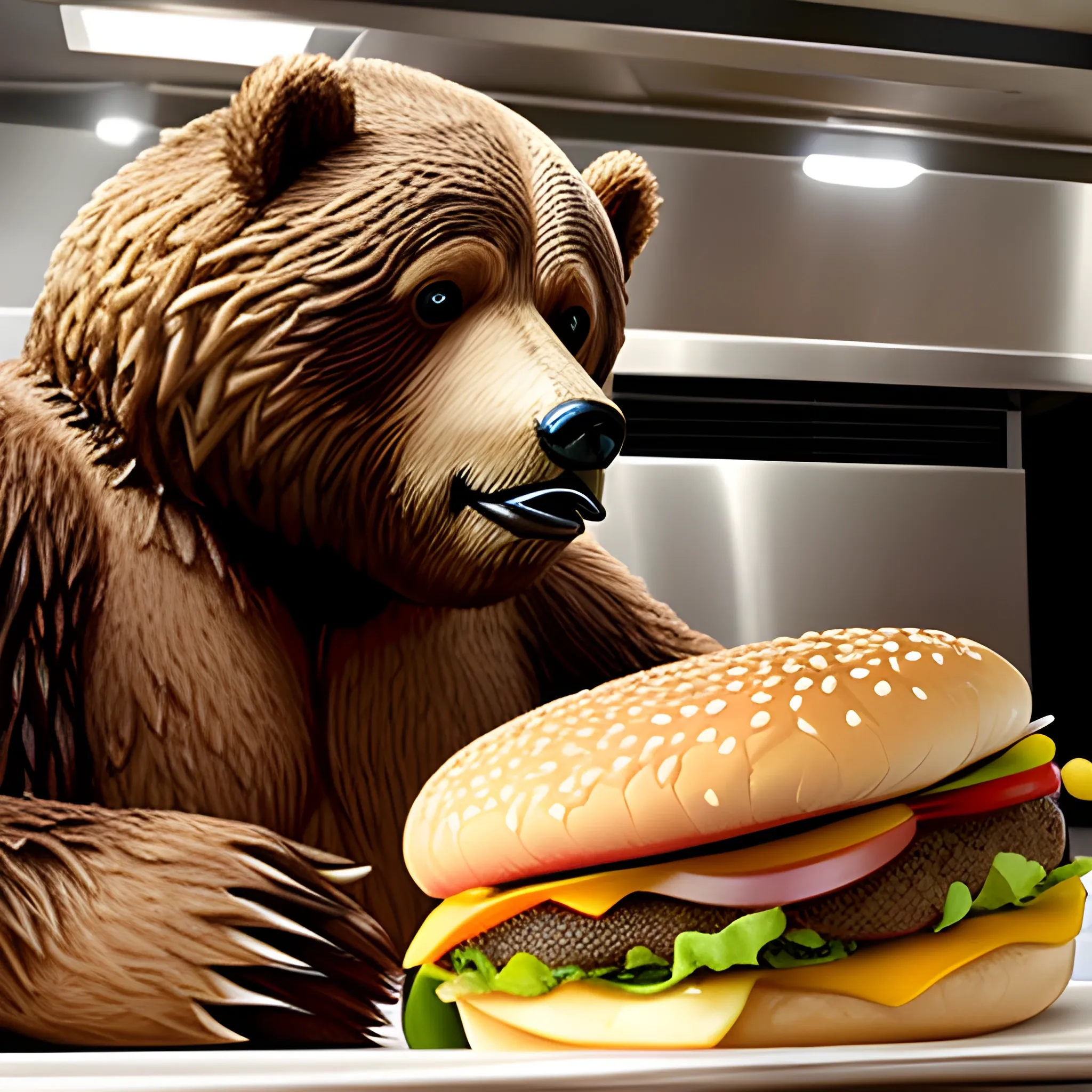 oso grizzly claro con gorro de chef animado hiperrealista está sentado en un restaurante de perfil mirando la camara comiendo una hamburguesa que sostiene con sus dos manos