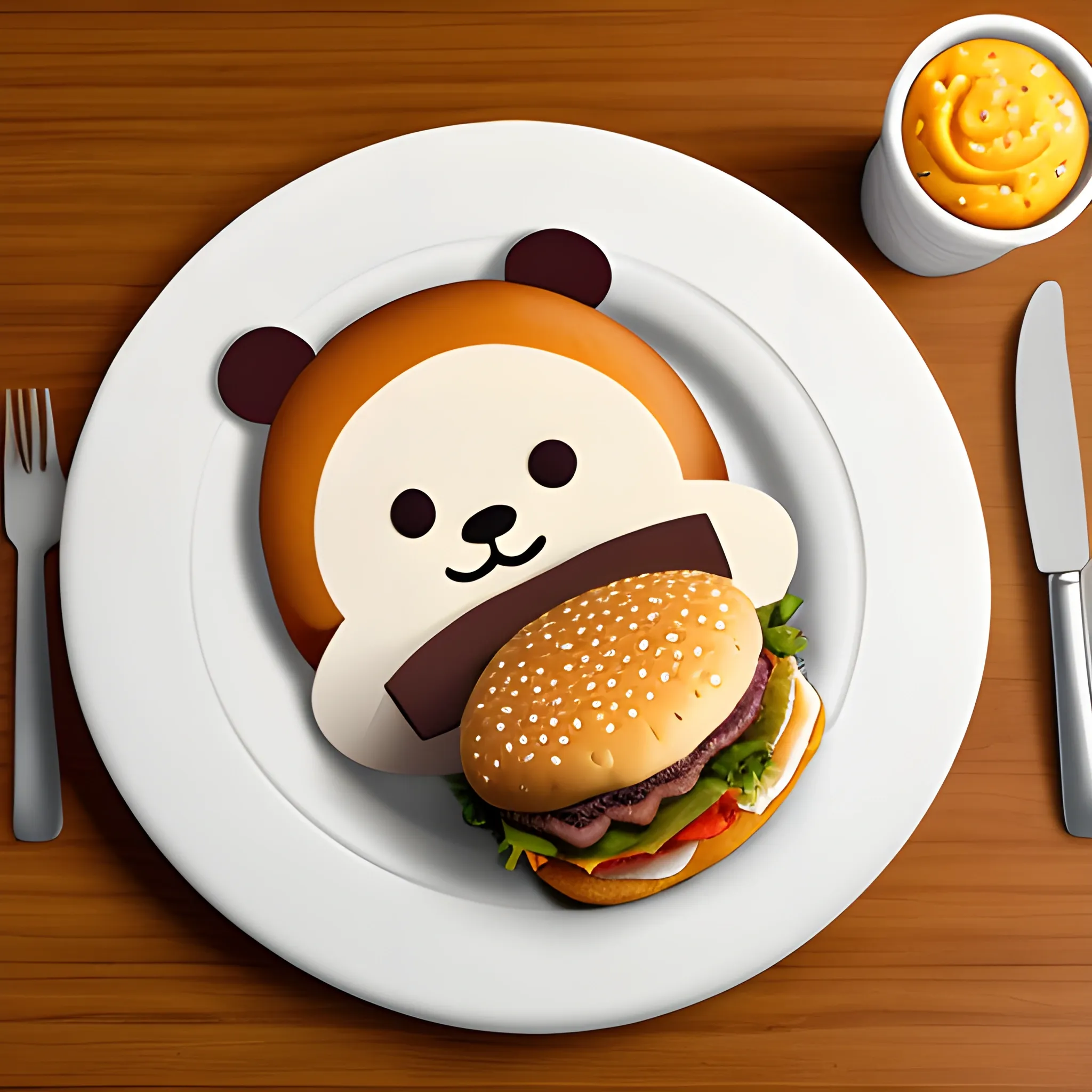 oso polar comiendo una hamburguesa en forma de logo redondo
