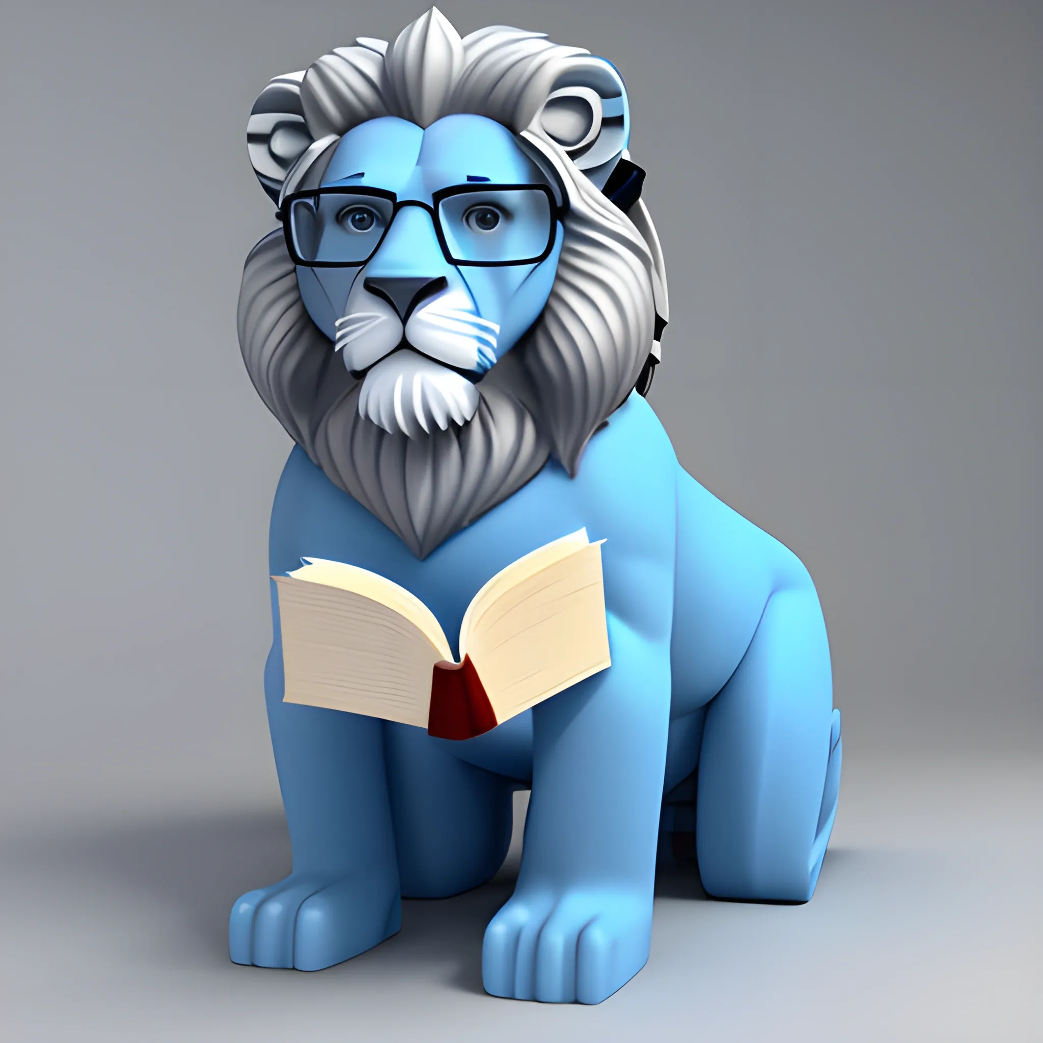 Full body of a lion dressed in blue colored college clothes, wearing glasses and holding a book, 3D