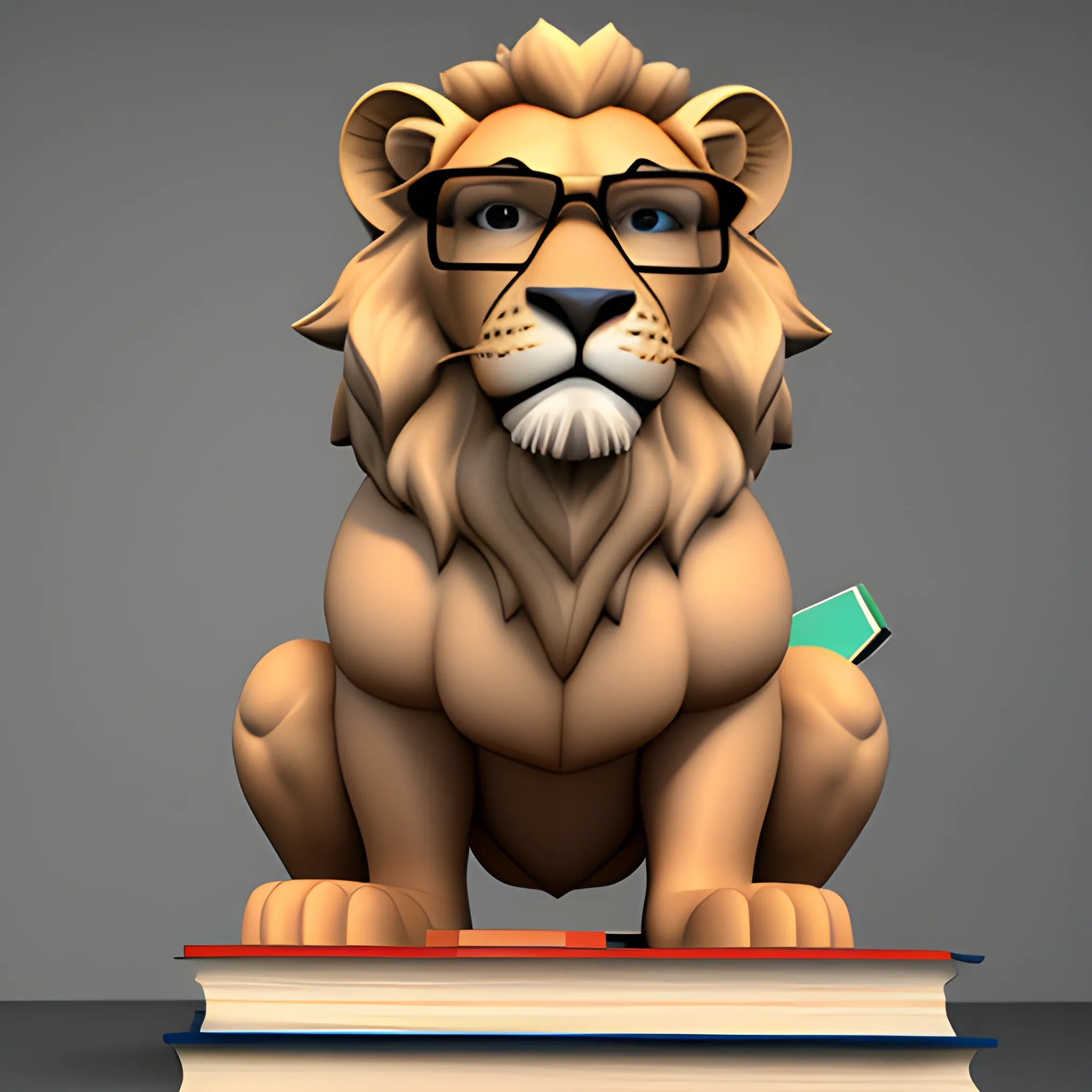 A college lion standing on 2 legs wearing glasses and holding a book, 3D