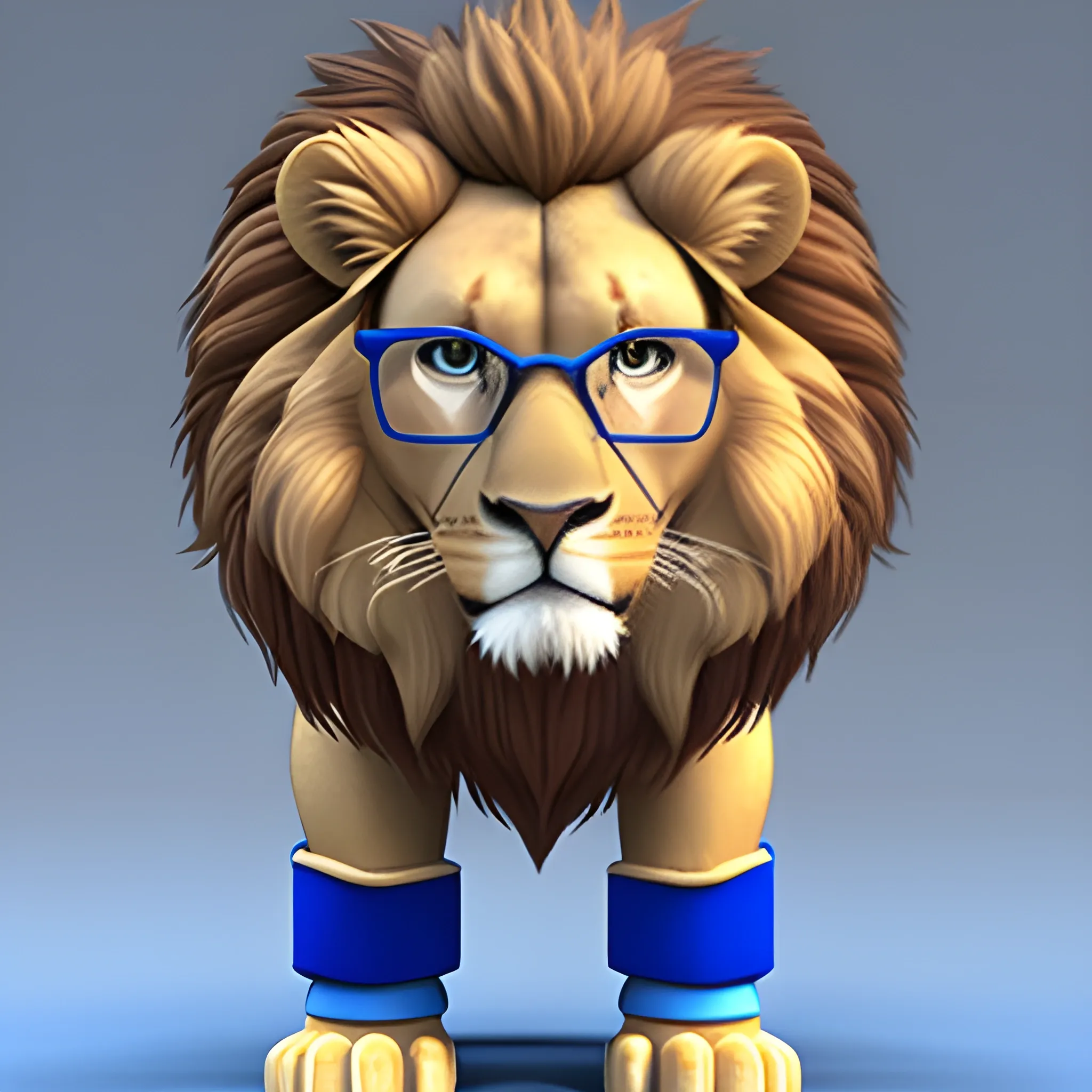 
A college lion dressed in blue and wearing glasses. standing on 2 legs, 3D