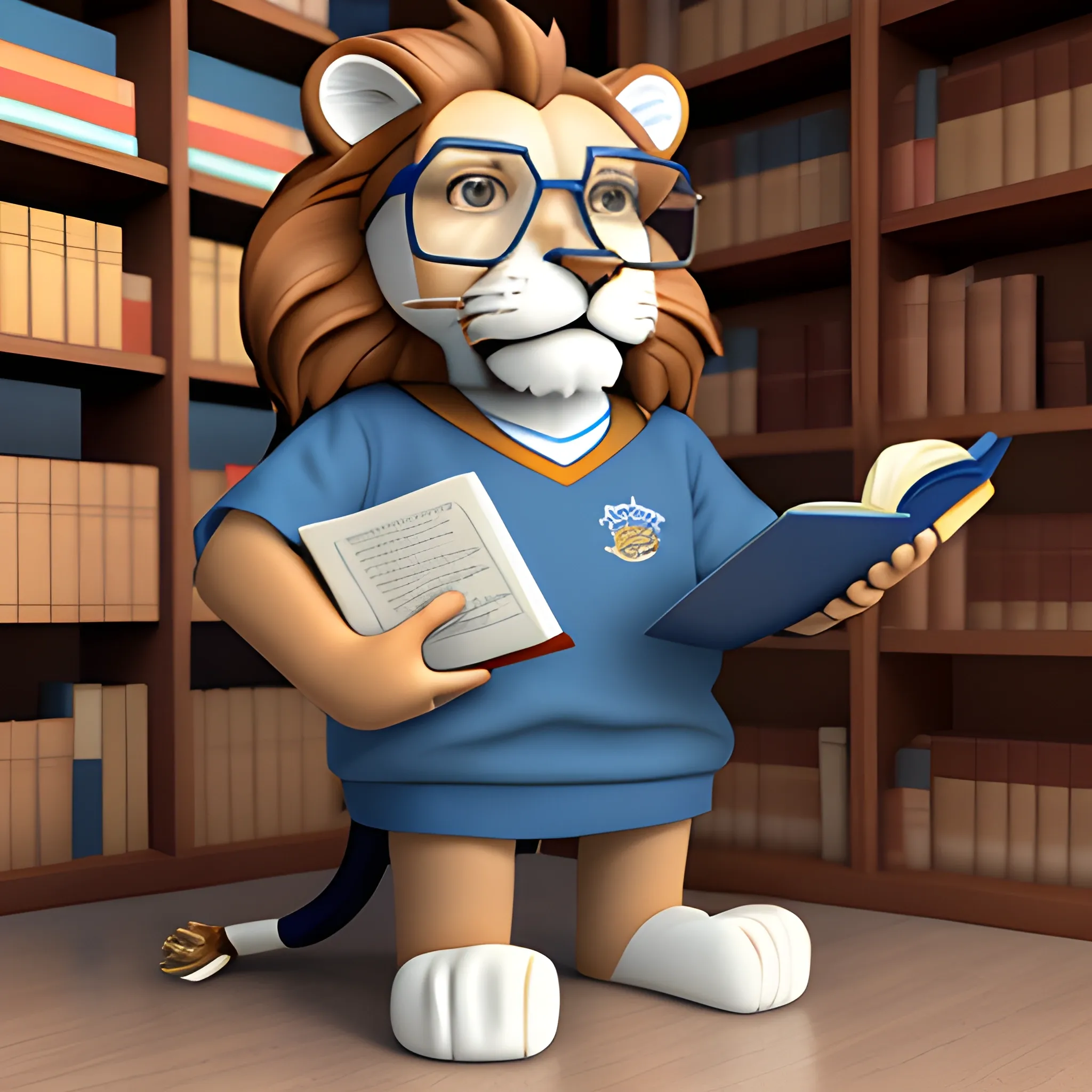 Full-length college lion in blue clothes, wearing glasses and holding a book, Cartoon, 3D