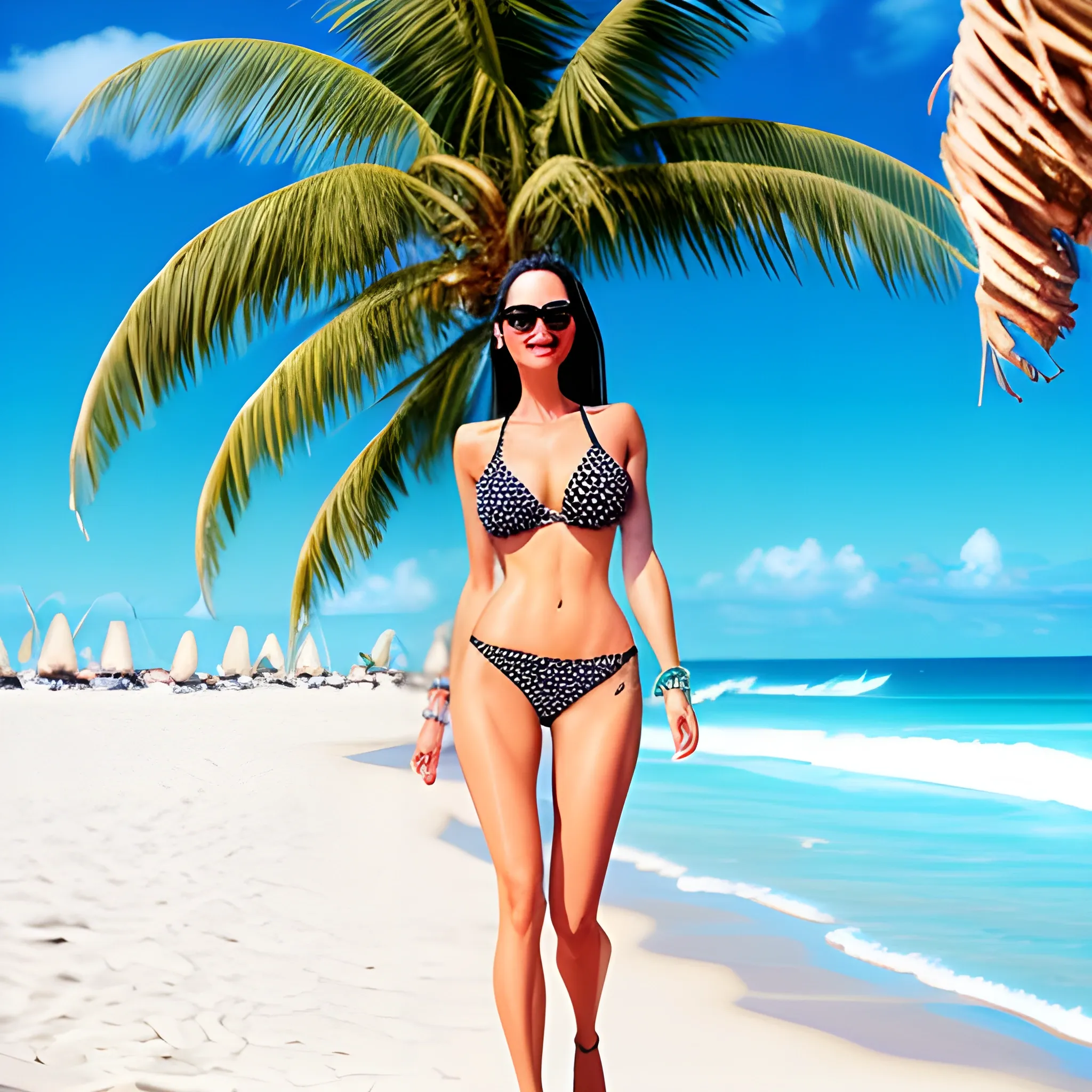 a woman in a bikini and sunglasses walking on the beach with palm trees in the background, 1girl, long_hair, breasts, multiple_girls, black_hair, navel, 2girls, jewelry, medium_breasts, collarbone, swimsuit, bikini, earrings, outdoors, parted_lips, sky, solo_focus, day, blurry, bracelet, tree, lips, looking_to_the_side, tattoo, blurry_background, side-tie_bikini_bottom, ocean, beach, thigh_gap, sunglasses, polka_dot, walking, sand, palm_tree, arm_tattoo, chest_tattoo, leg_tattoo, polka_dot_bikini, Cartoon