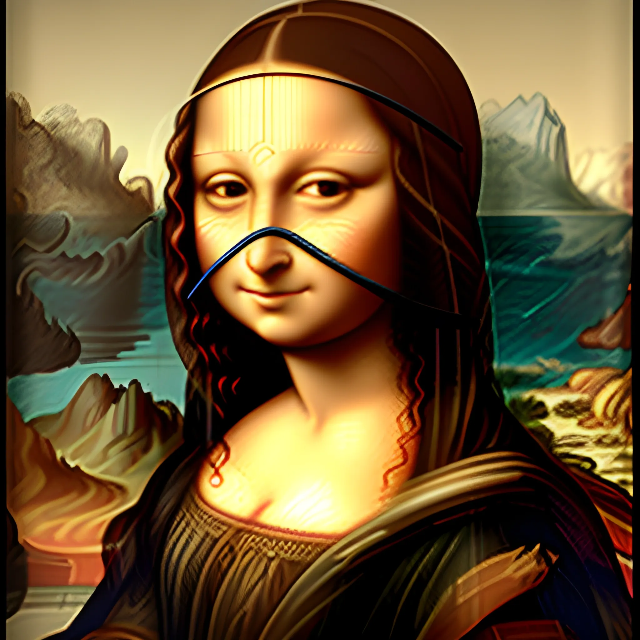 Generate an image of the Mona Lisa adapted with the head of a fu