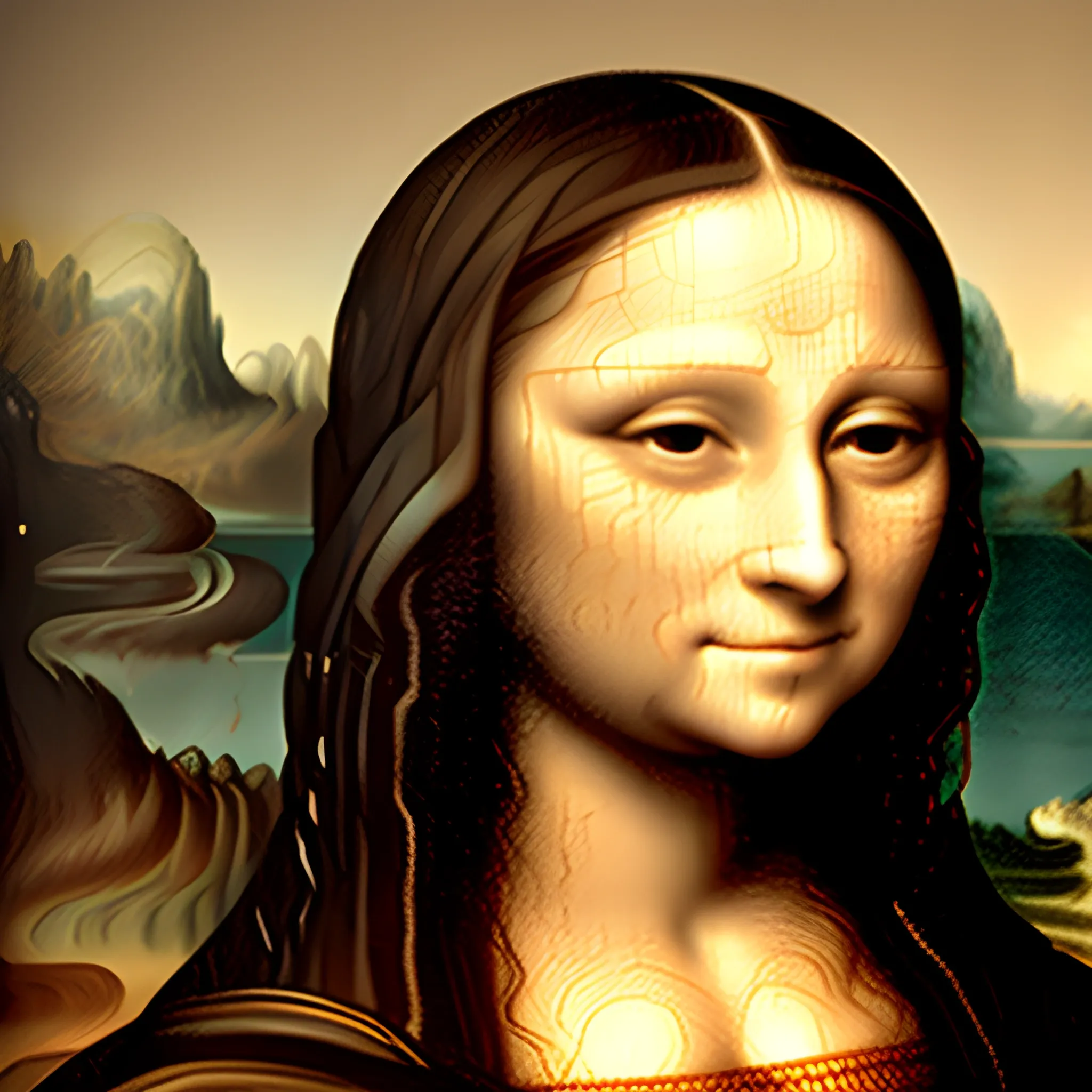 Generate an image of the Mona Lisa adapted with the head of a funny FACE 
dog that blends with the figure, in color, and in 4K.