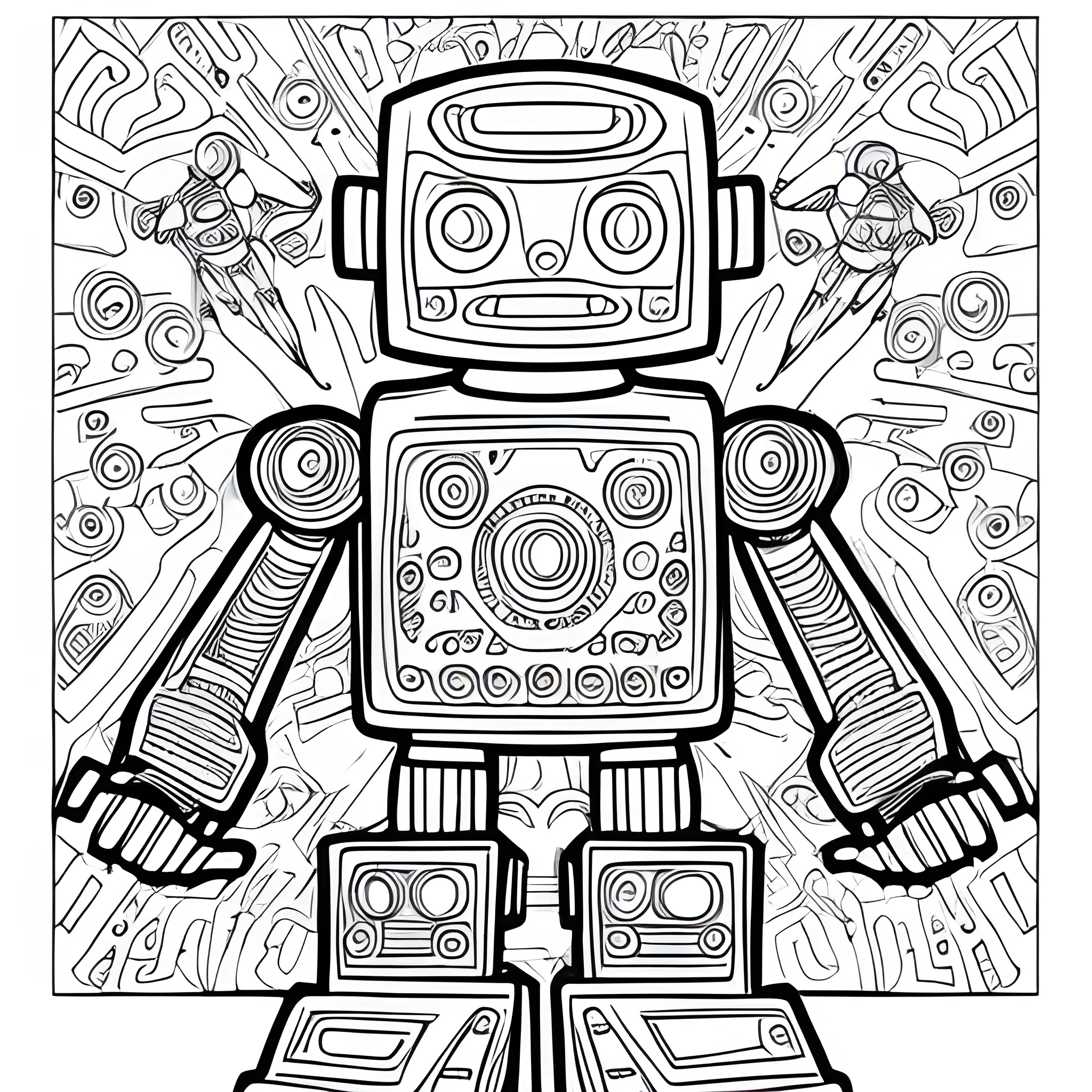 robot coloring book page , Trippy