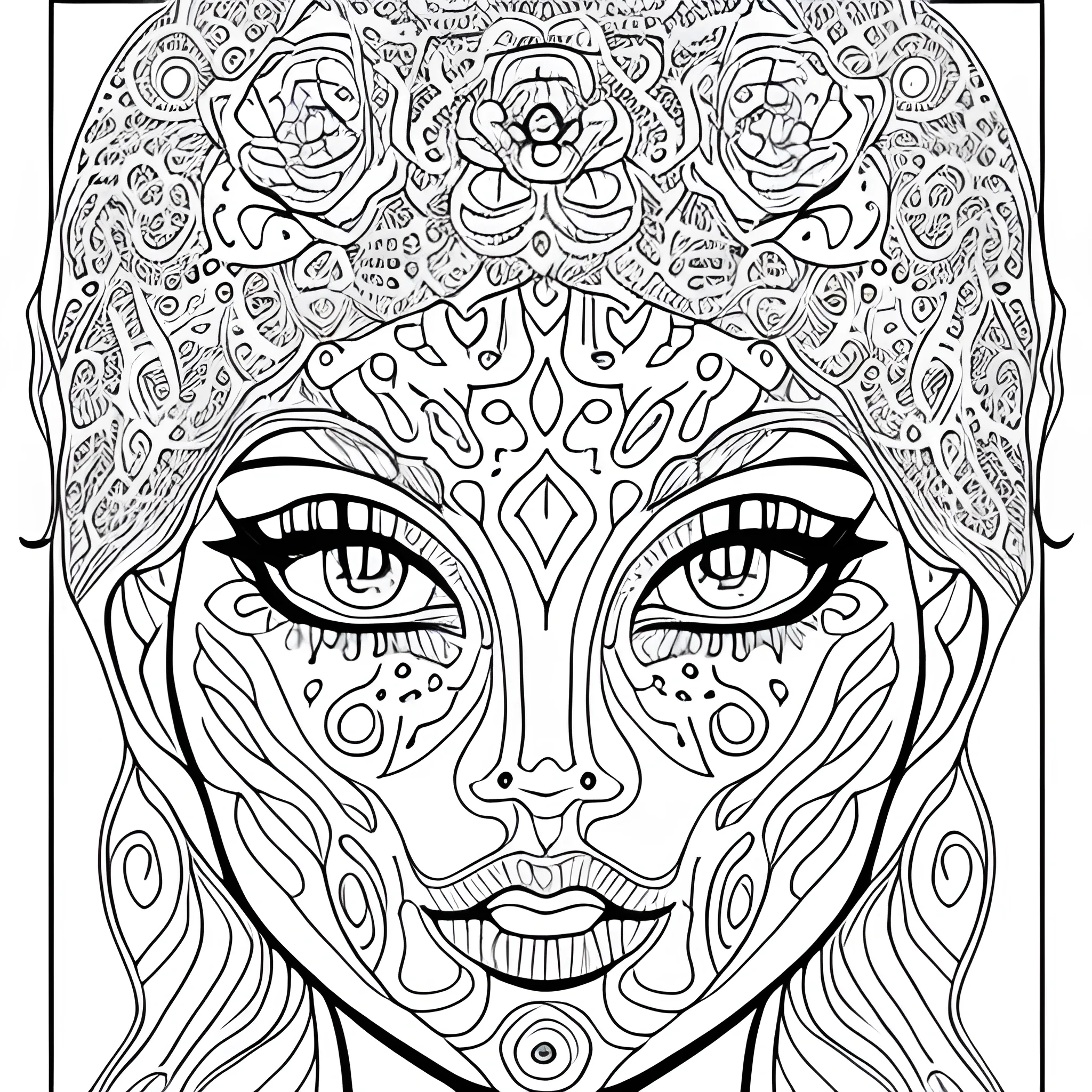 face of a beautiful woman coloring book page , Trippy
