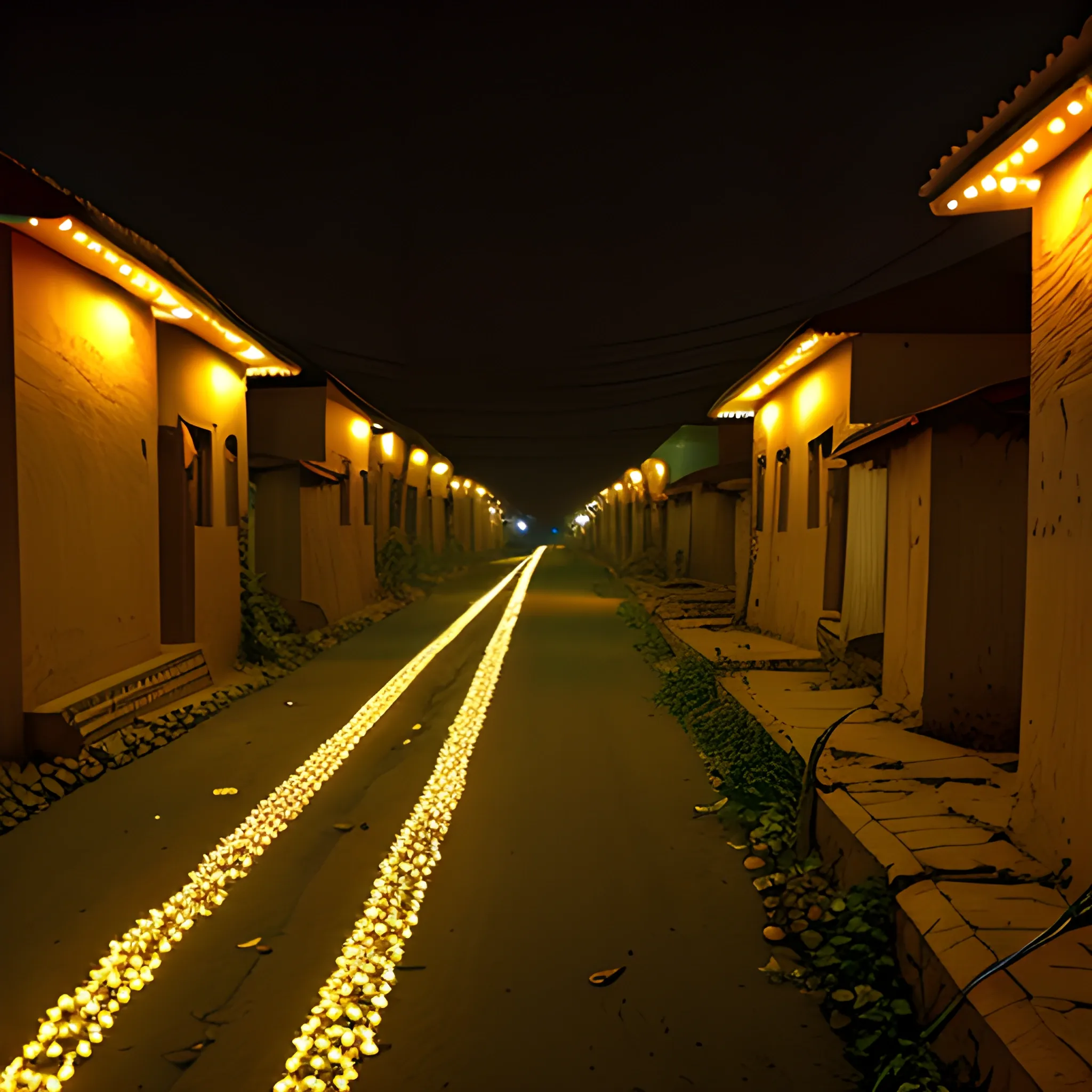 indian desi village, houses, road, alone, dark night, long exposure view, bulbs with lights,