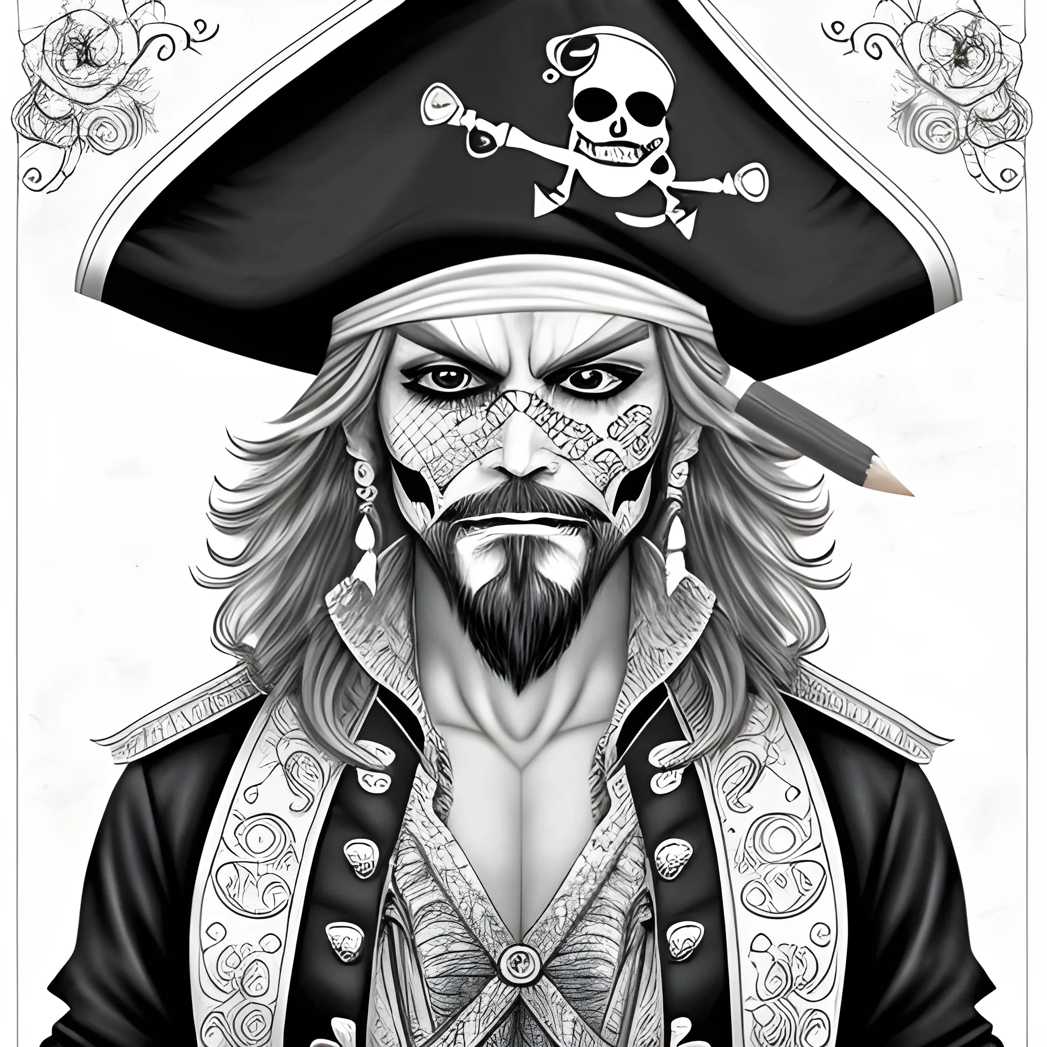 very beautiful pirate face with lot of fabrics coloring book page, Pencil Sketch