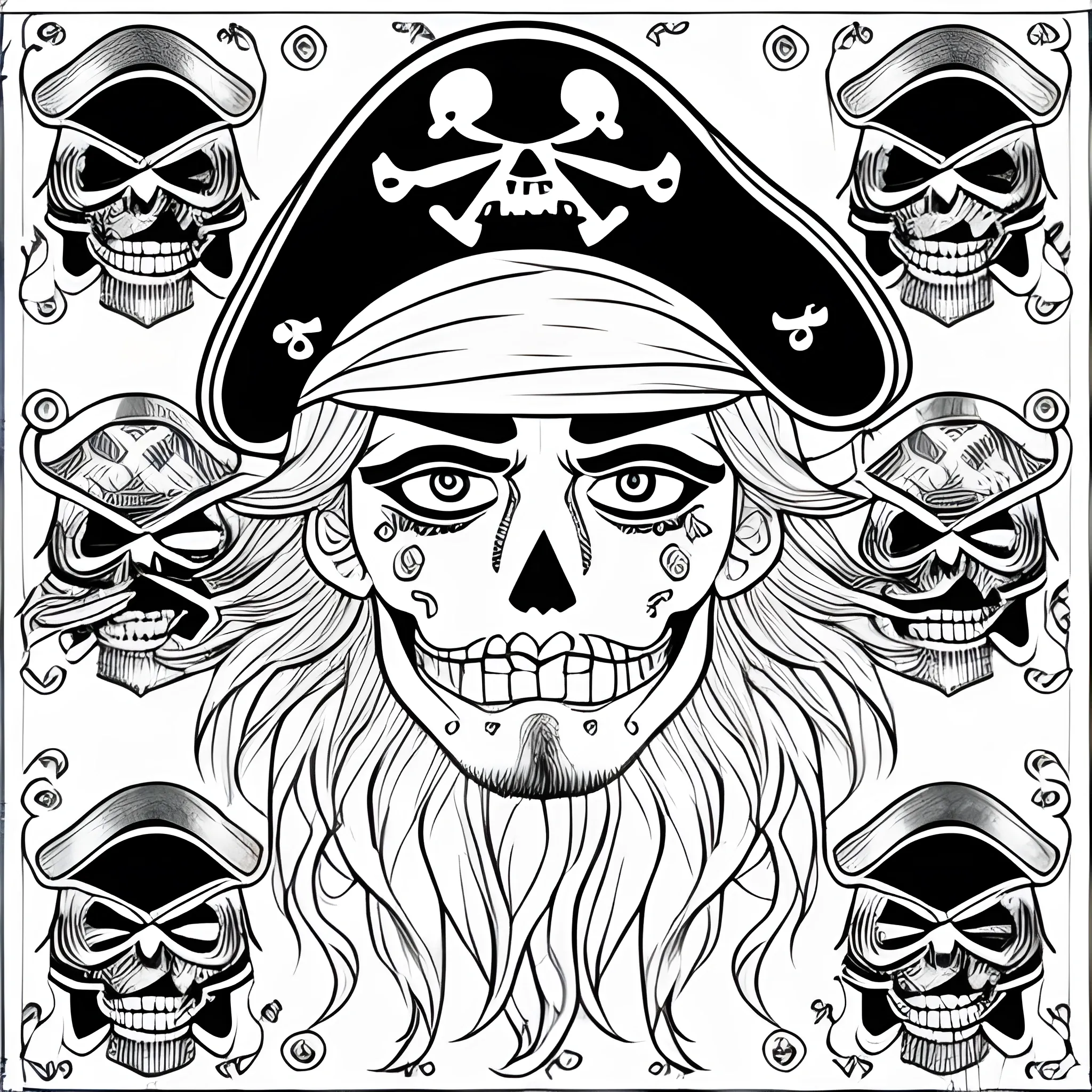 very beautiful pirate face with lot of fabrics coloring book page