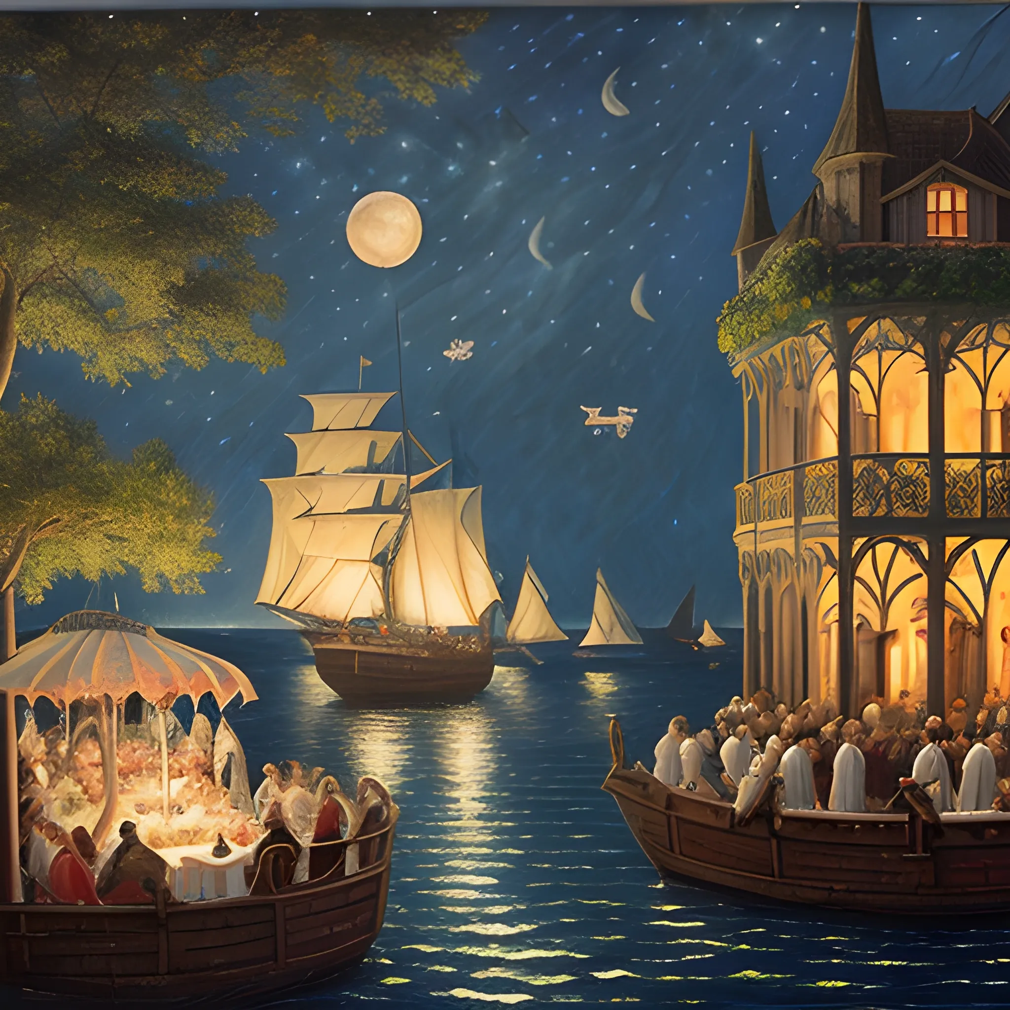 A scene of a garden party at sea as a game event background, showcasing a majestic medieval ship with a lush garden on deck, guests in period attire dancing, set against a backdrop of a starlit sea and a glowing moon, capturing the atmosphere and style of a European medieval party, Artwork, oil painting on canvas with a focus on texture and light, --ar 16:9 --v 5