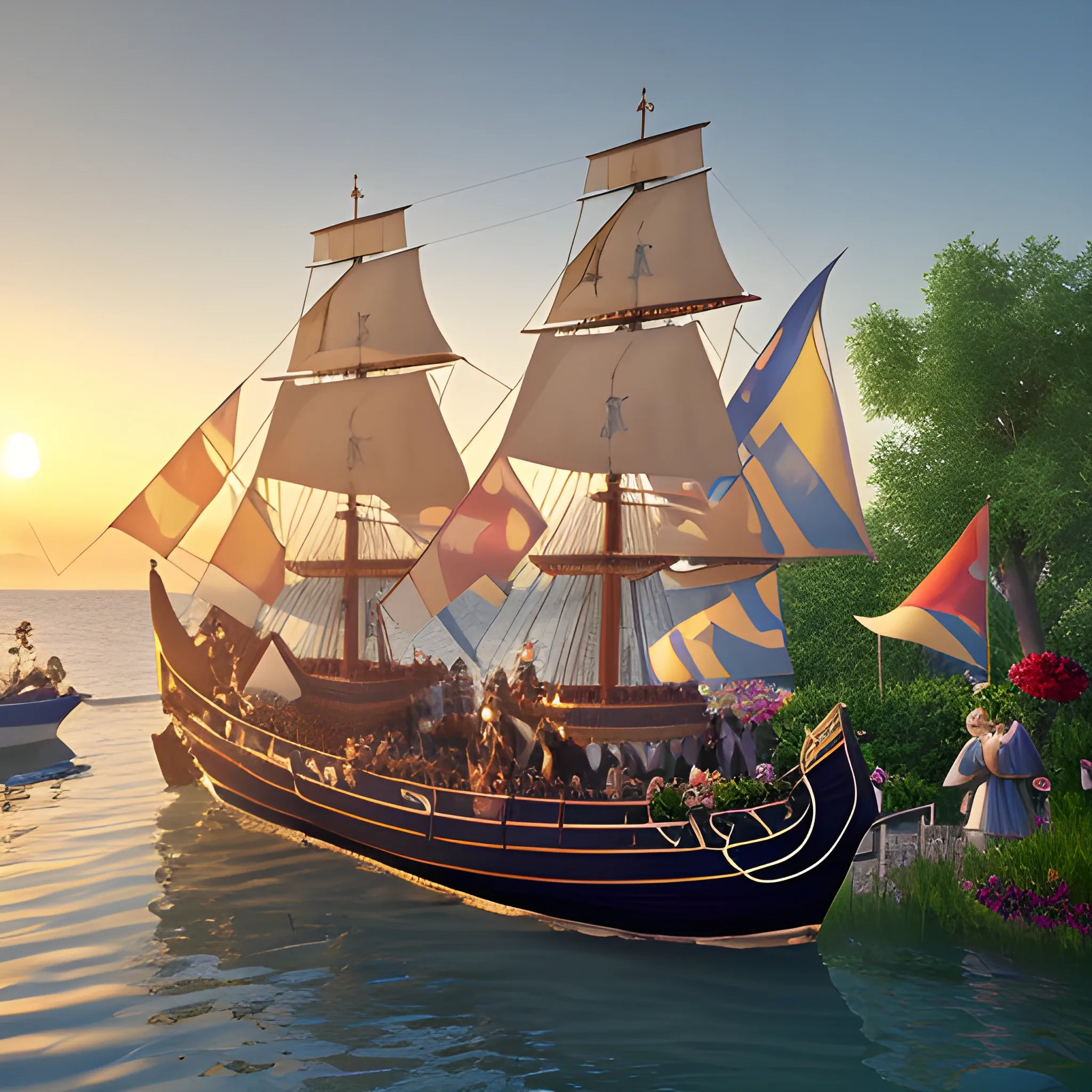 A scene of a garden party at sea as a game event background, featuring a grand medieval ship with a vibrant garden on deck, guests in period attire enjoying a feast, set against a backdrop of a tranquil sea and a rising sun, capturing the atmosphere and style of a European medieval party, 3D Artwork, created using a 3D modeling software with a focus on dynamic lighting and water effects, --ar 16:9 --v 5