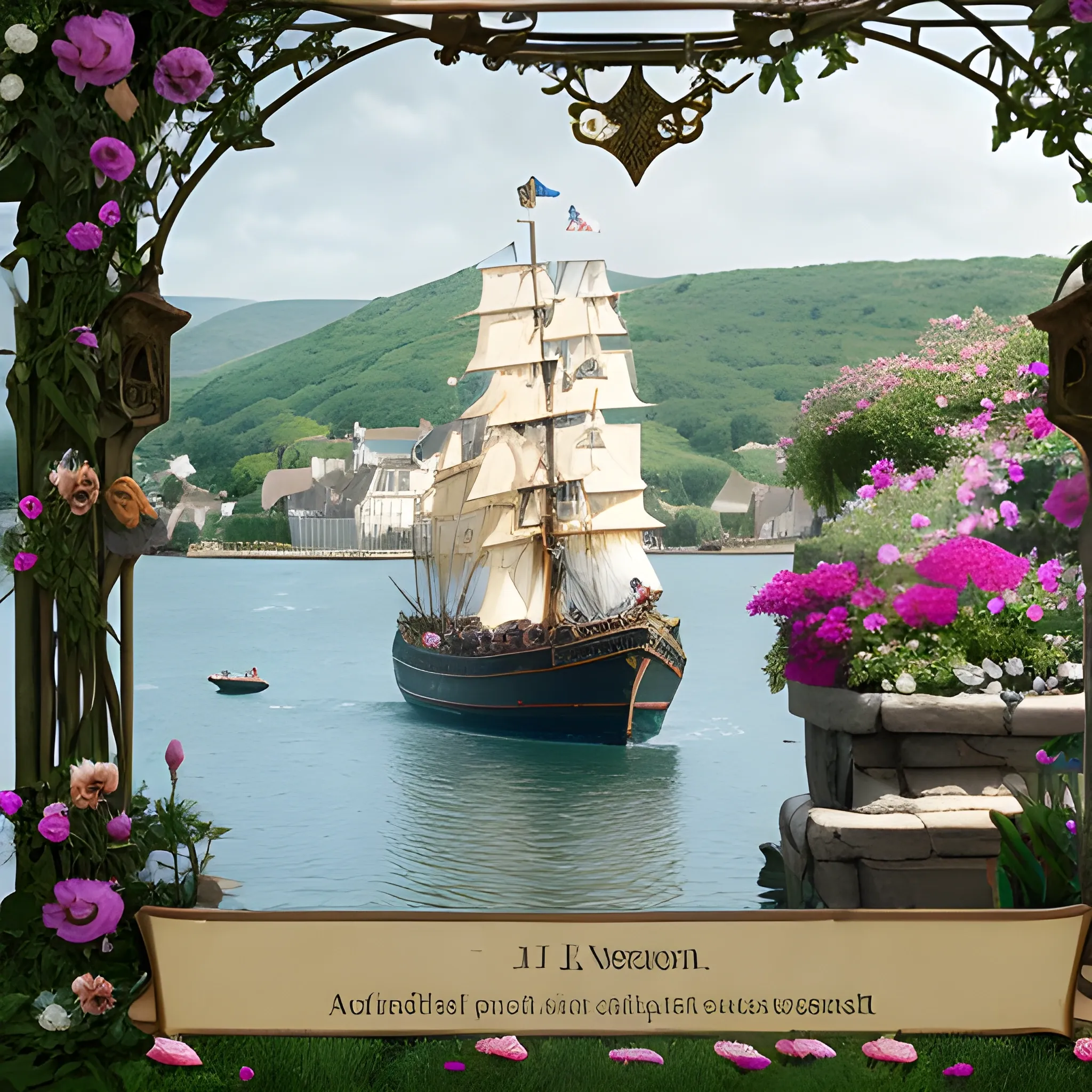 A scene of a garden party at sea as a game event background, showcasing a majestic medieval ship with a blooming garden on deck, guests in period attire playing medieval games, set against a backdrop of a serene sea and a clear sky, capturing the atmosphere and style of a European medieval party, Photography, shot with a Canon EOS 5D Mark IV with a 50mm lens, --ar 16:9 --v 5