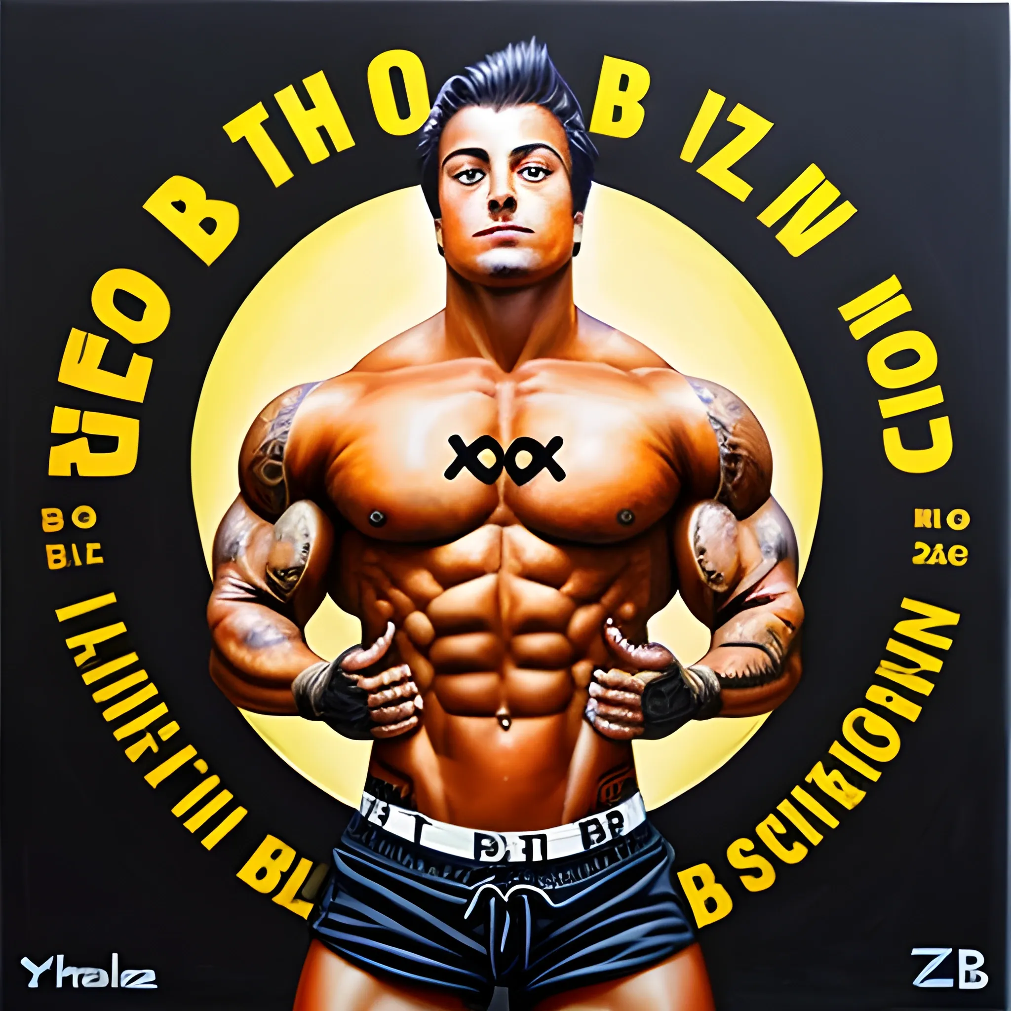 Zyzz Pose with "BB" over it, a branding logo
Bodybuilding, in a circle, Oil Painting
