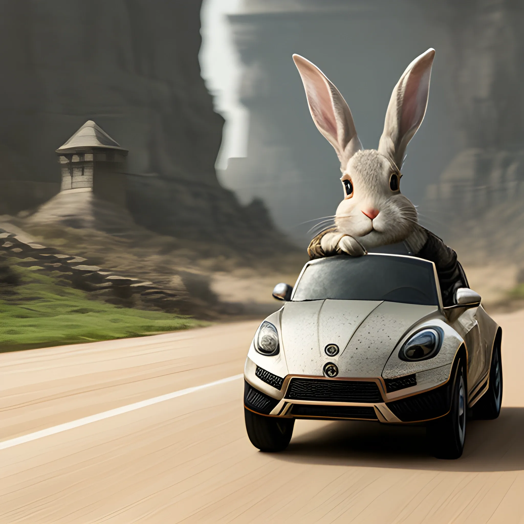 human-like rabbit driving a car, game of thrones, 4k, realistic, hd