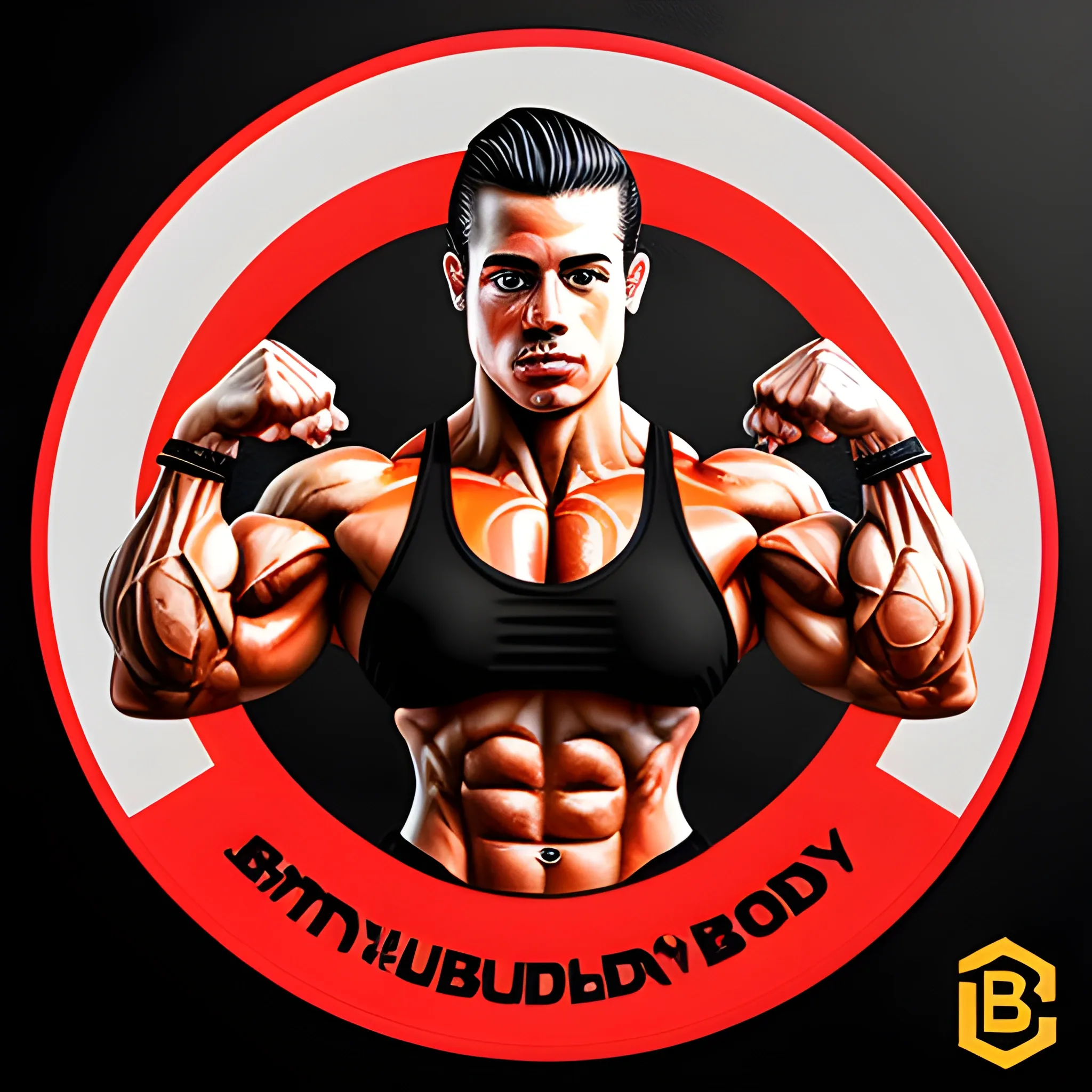 Circle Logo for a Sportbrand
Bodybuilding Pose
Name is BodyBuddy
Shortform is BB
Zyzz motivation
Colours: red, Oil Painting