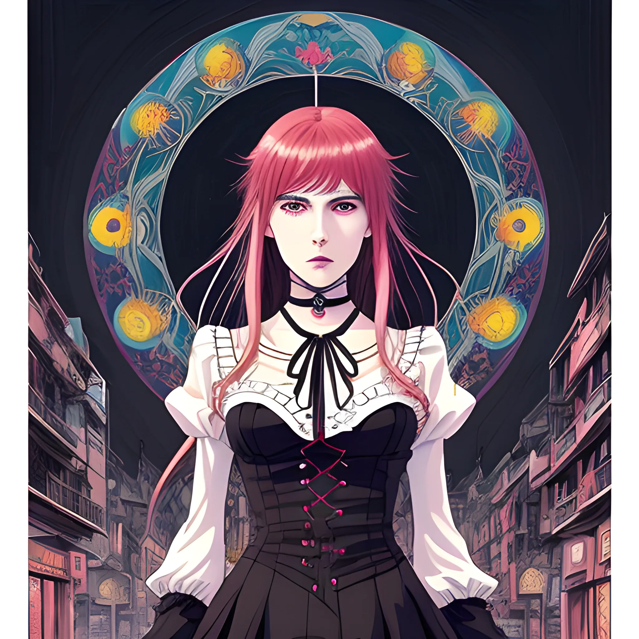 An image of a slavic woman wearing choker in a manga art, anime style character style Art Nouveau painting, red and sillver colors,  true aesthetics, gothic fashion shot of a beautiful modern woman posing in front of a psychedelic art nouveau style. classy style polish female, full figure, fit, ellegant tight white shirts, ties, miniskirts,  legs,  choker, cross, long hair, classy,  beautiful faces, manga eyes, open mouth, postapocaliptic city in the background, dark night, art by Greg Rutkowski, acrylic, high contrast, colorful polychromatic, ultra detailed, ultra quality, CGSocietyHighly detailed, highest quality