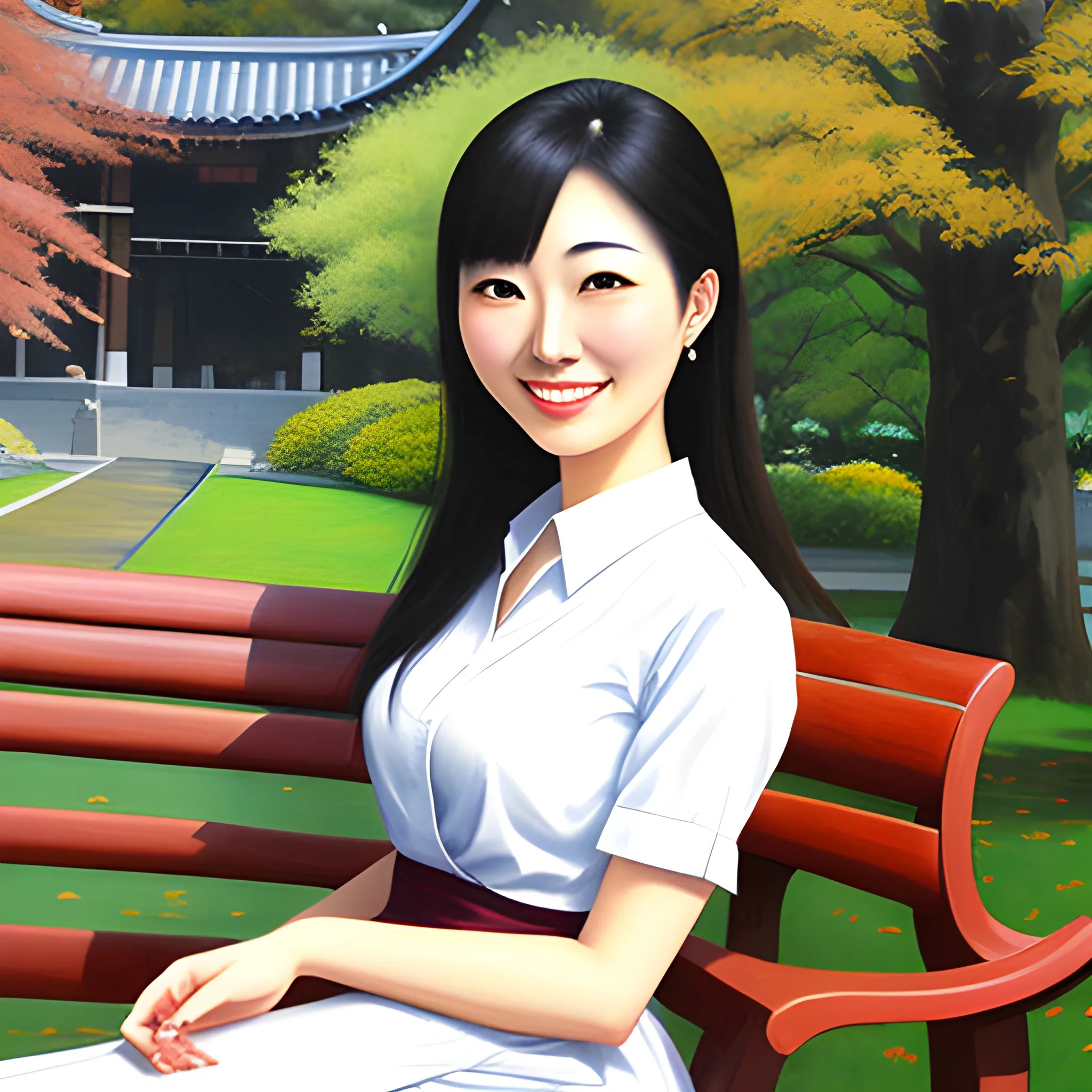 The most beautiful 18 years old Japanese school girl smiling and sitting on the bench. , Oil Painting