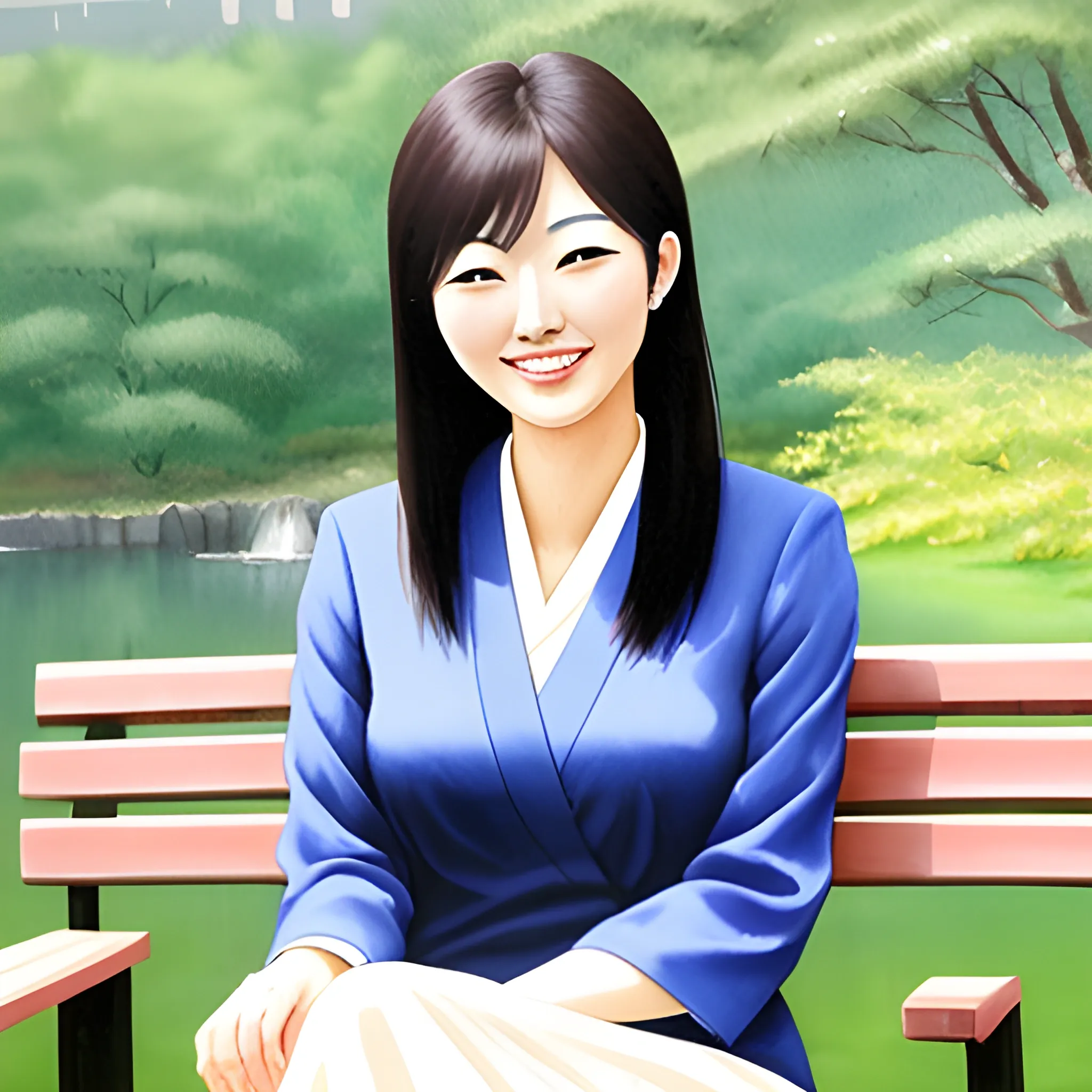 The most beautiful 18 years old Japanese school girl smiling and sitting on the bench. , Oil Painting, Water Color