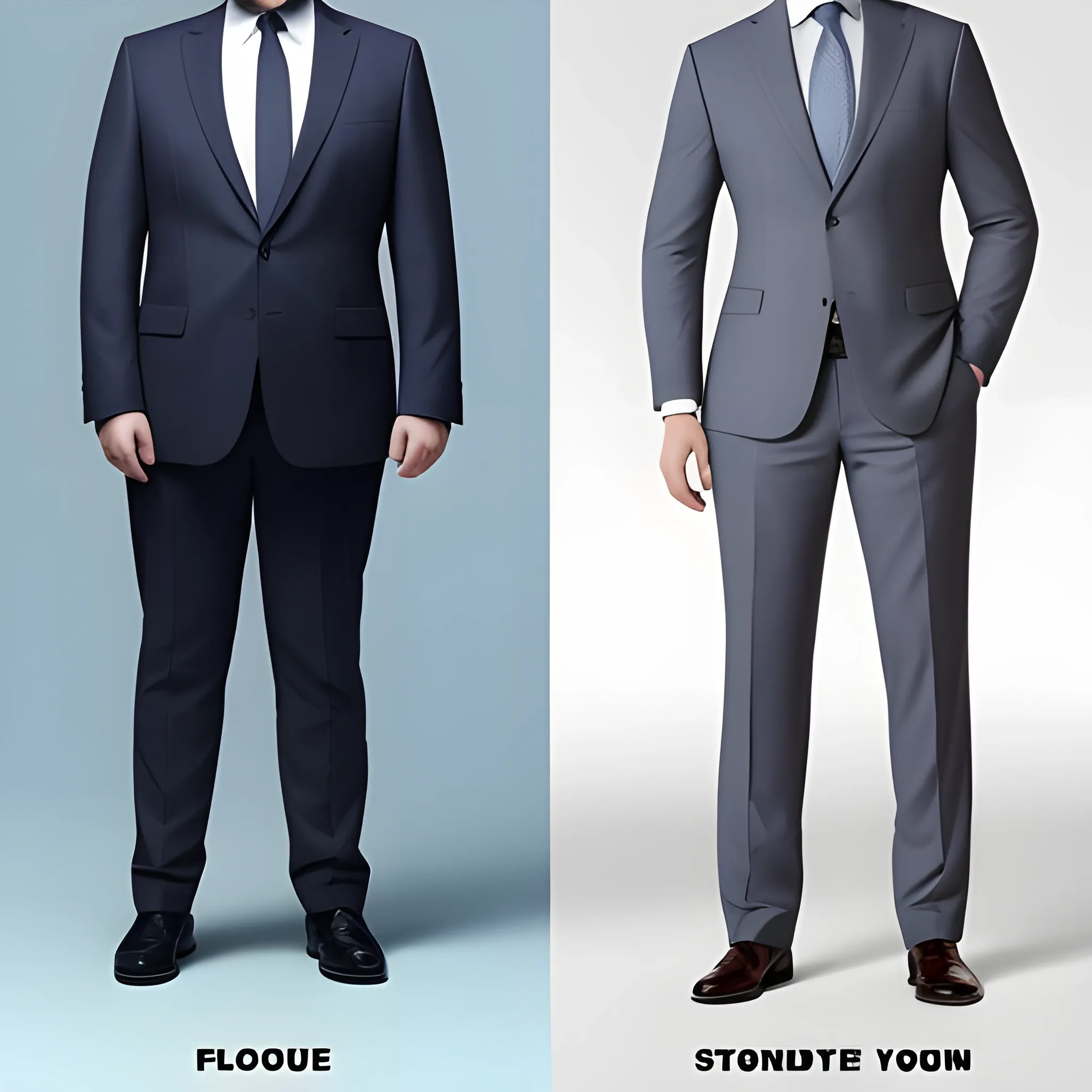 Please make 3 images of the same guy wearing the same suit with the same posture. Each image has a different body shape. One should be fat, one slim, one strong