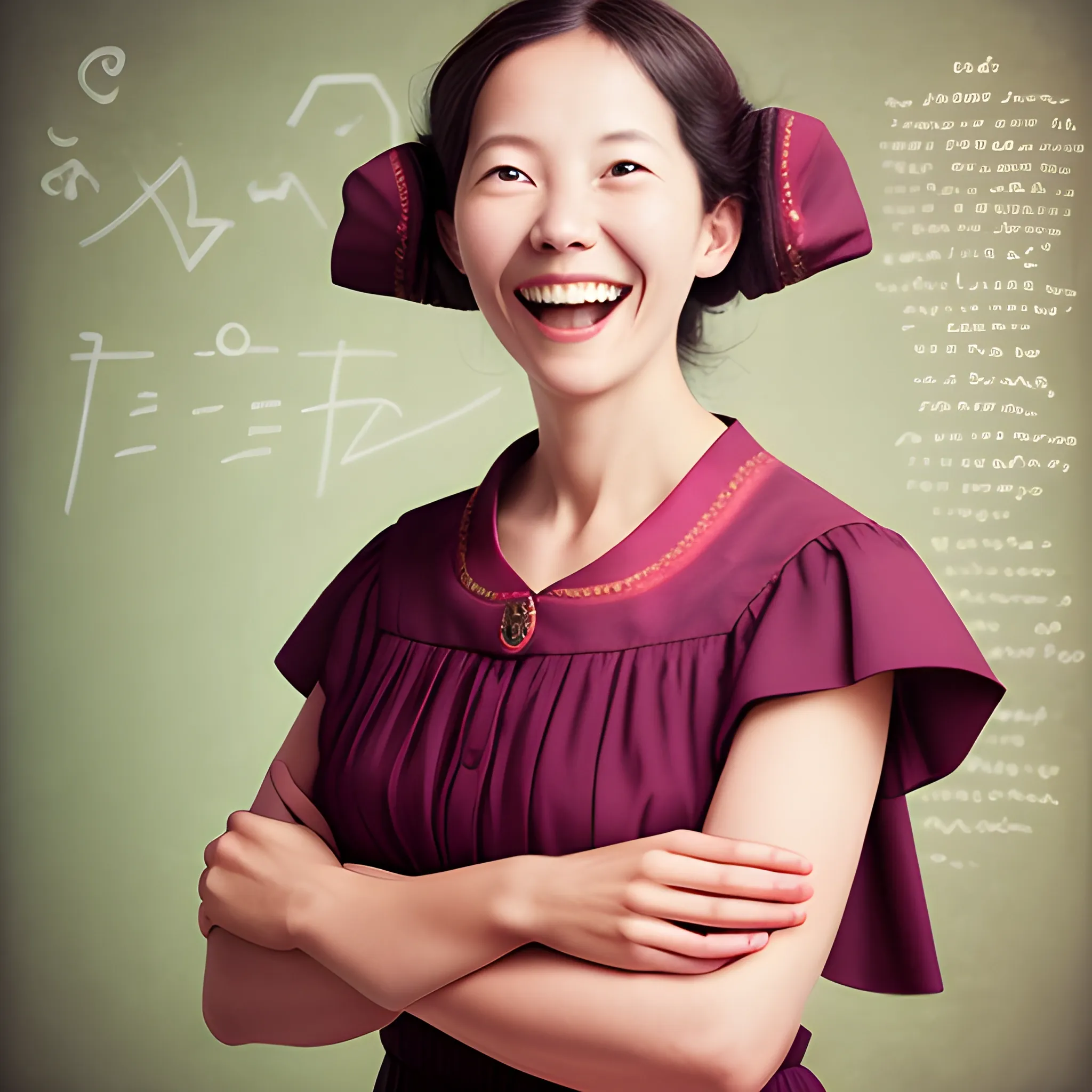 Female teacher, wearing beautiful clothes, with a joyful expression on her face. Photographed in original style