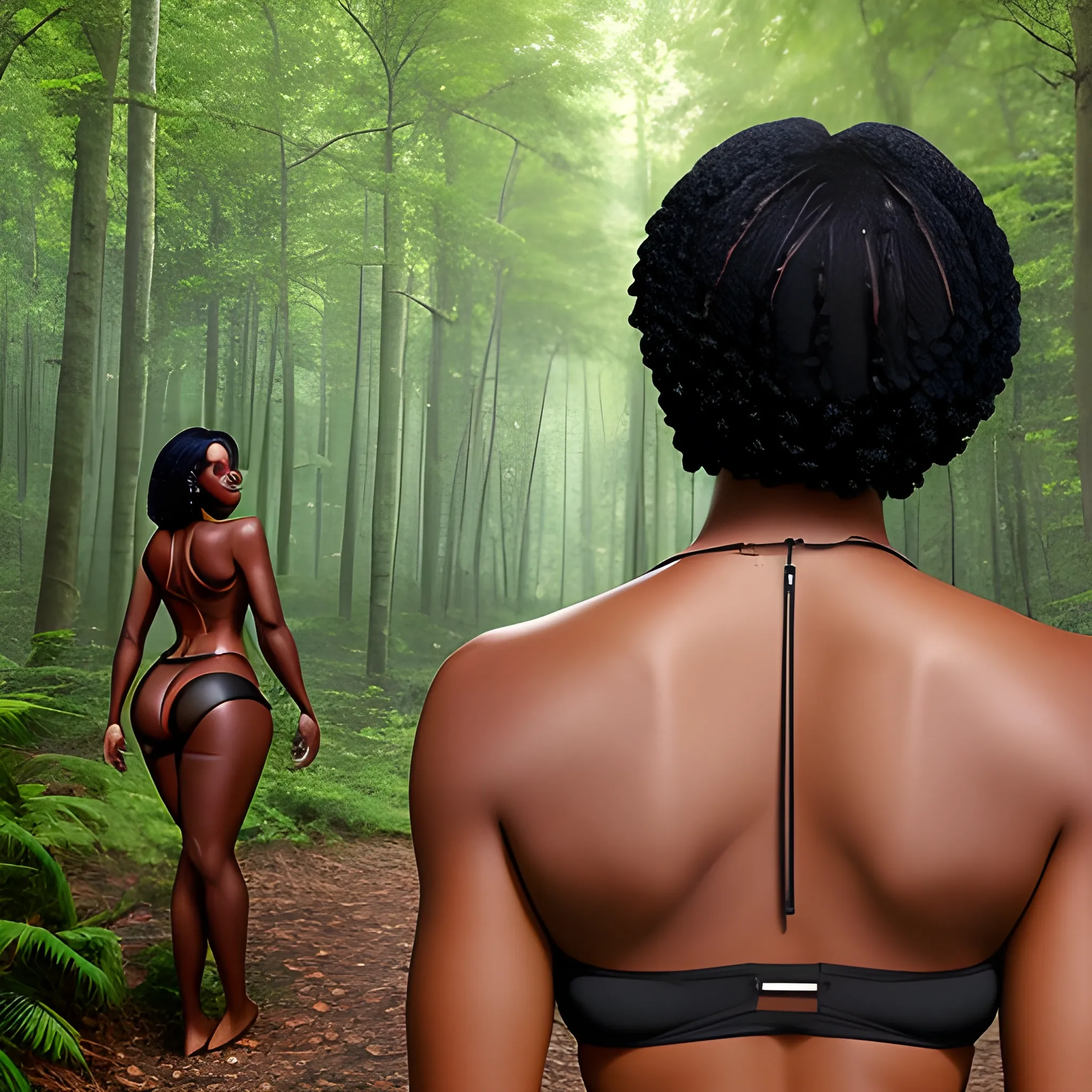 a woman in a forest with her back to the camera and a man in the background, breasts, looking_at_viewer, short_hair, multiple_girls, black_hair, 2girls, bare_shoulders, jewelry, medium_breasts, underwear, standing, panties, ass, earrings, outdoors, parted_lips, solo_focus, day, looking_back, dark_skin, from_behind, dark-skinned_female, tree, lips, crop_top, back, nature, armlet, forest, thong, realistic, bracer