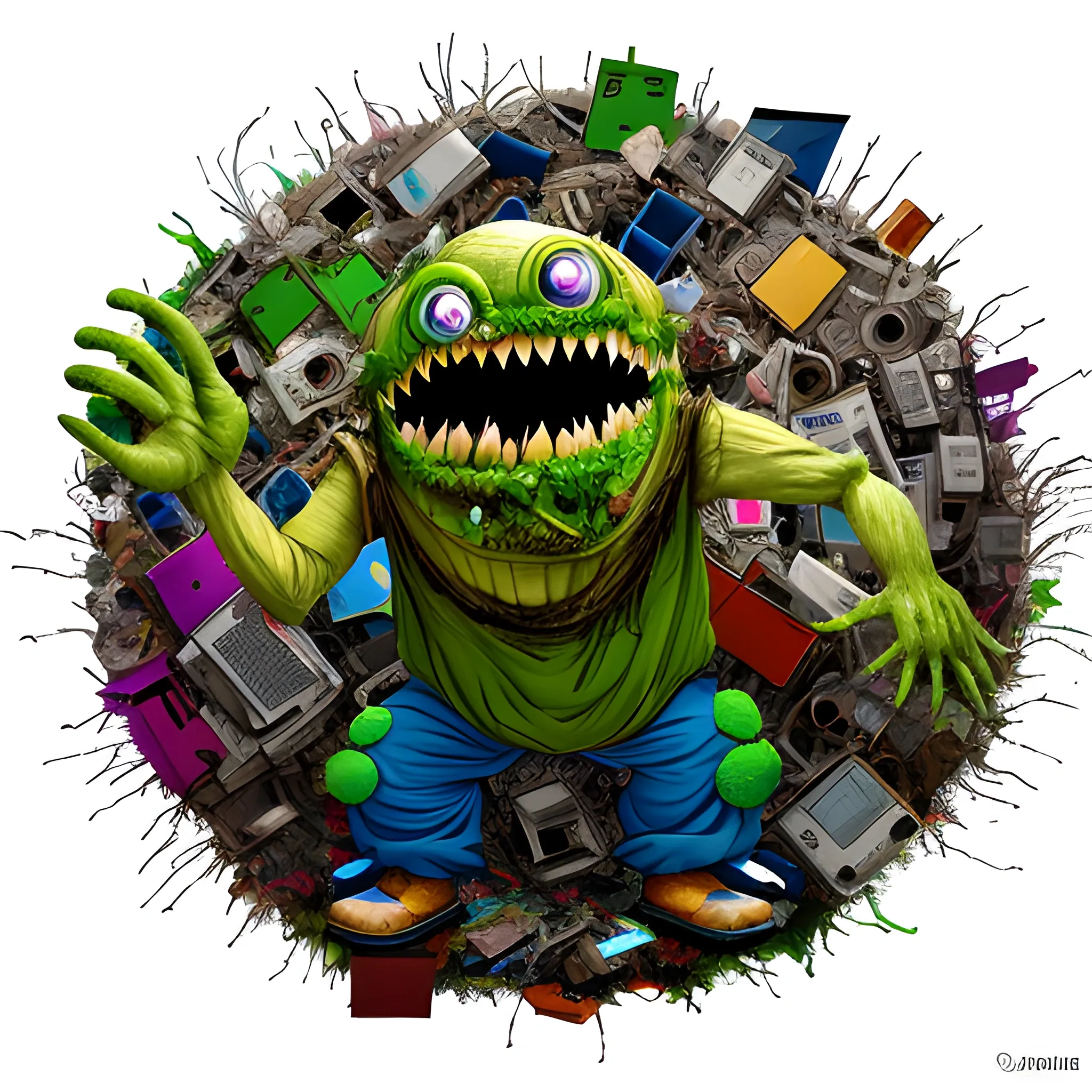 E-Waste Recycling Advertisement 
 
An image of a monster created with electronic waste trying to eat the world. 
the world of intense colors and the monster of low colors., Cartoon