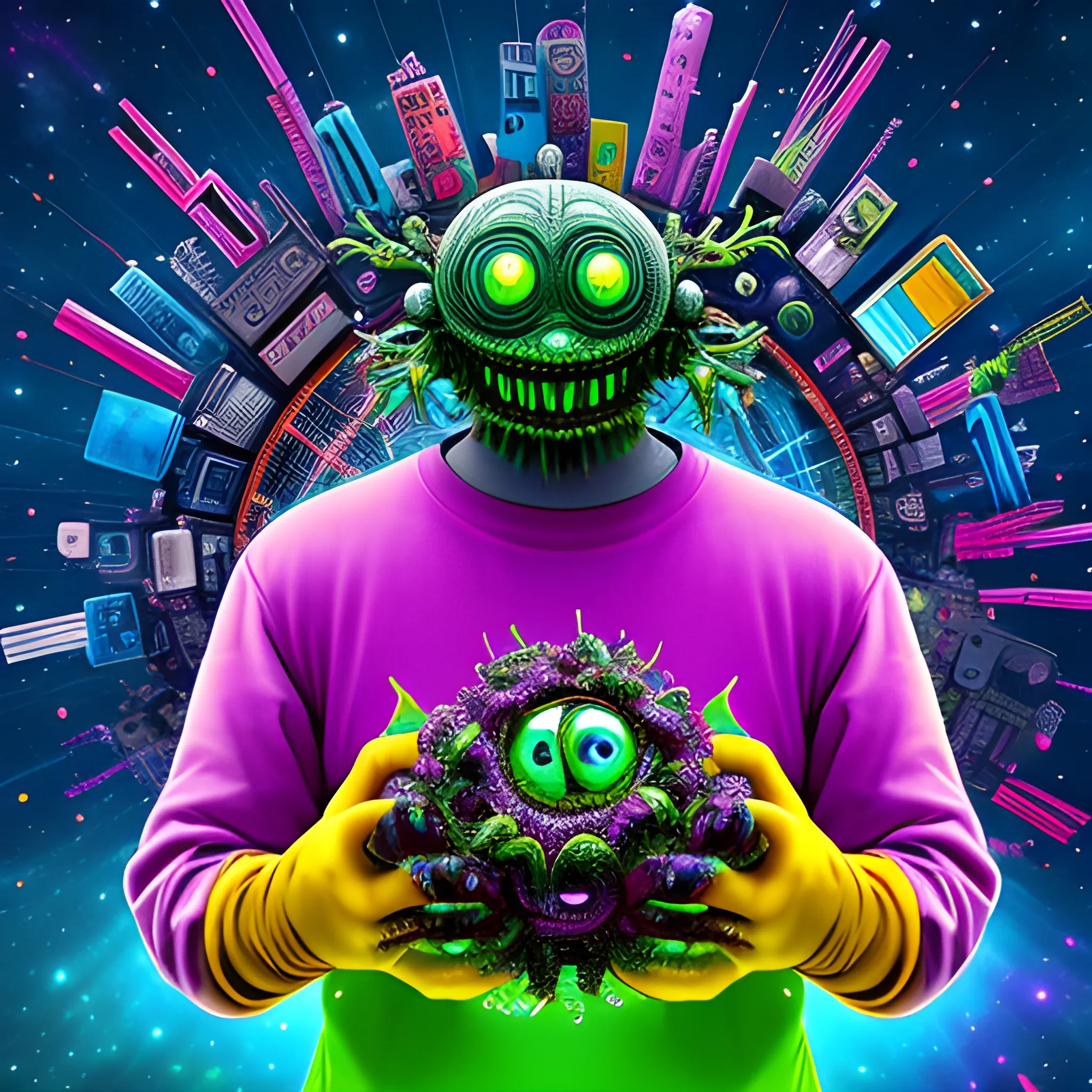 E-waste recycling advertisement 
 
An image of a cosmic monster created from electronic waste trying to eat the world. 
The world of intense colors and the monster of low colors., Cartoon, Trippy