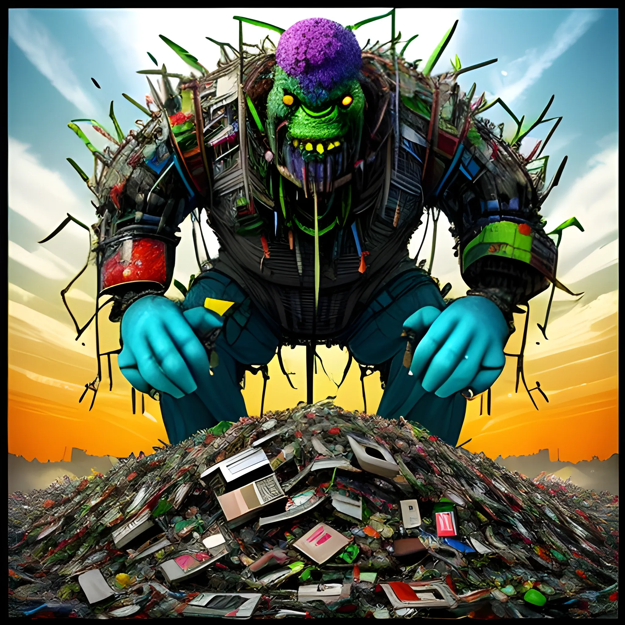 E-waste recycling advertisement 
 
An image of a giant monster created from electronic waste trying to eat the whole world. 
The world of intense colors and the monster of low colors., Cartoon