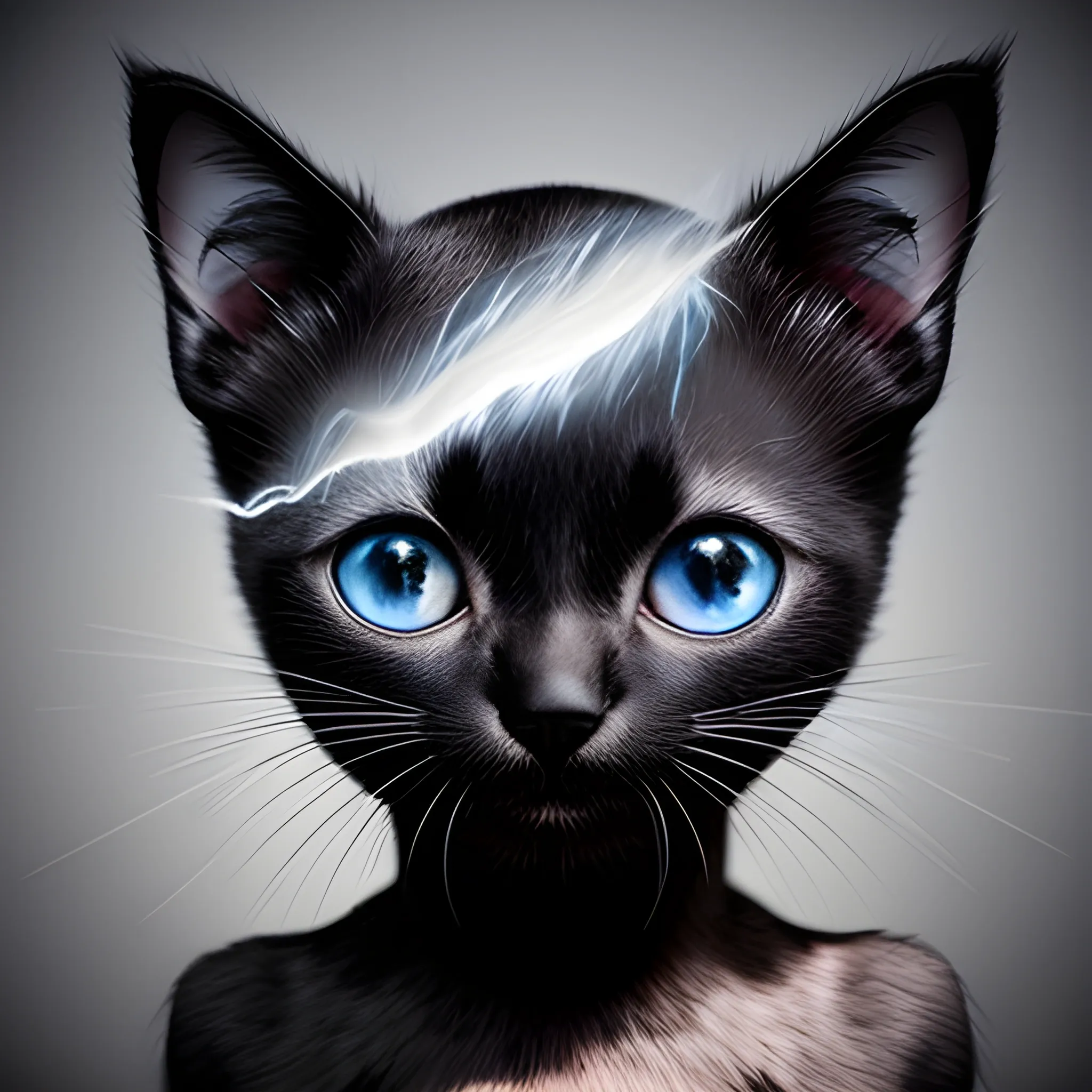 Black kitten with, silver strikes, of lightening blot on forehead, , 3D