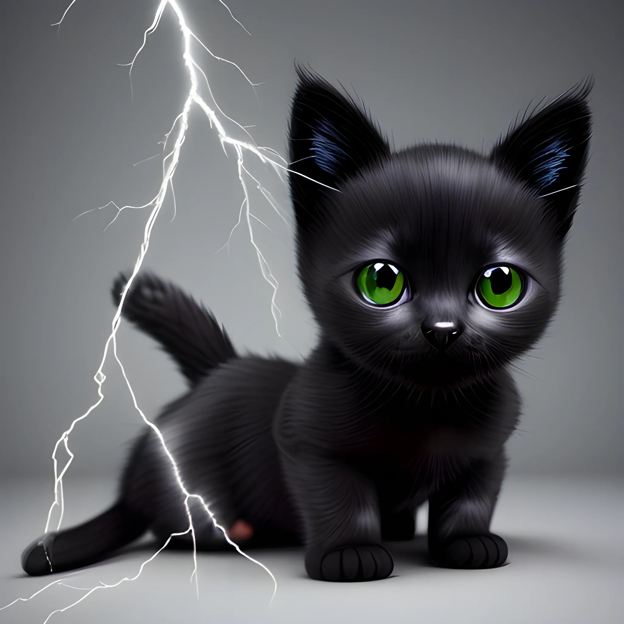 Black kitten with, silver strikes, of lightening blot on forehead, and lightening blots rest of body, 3D